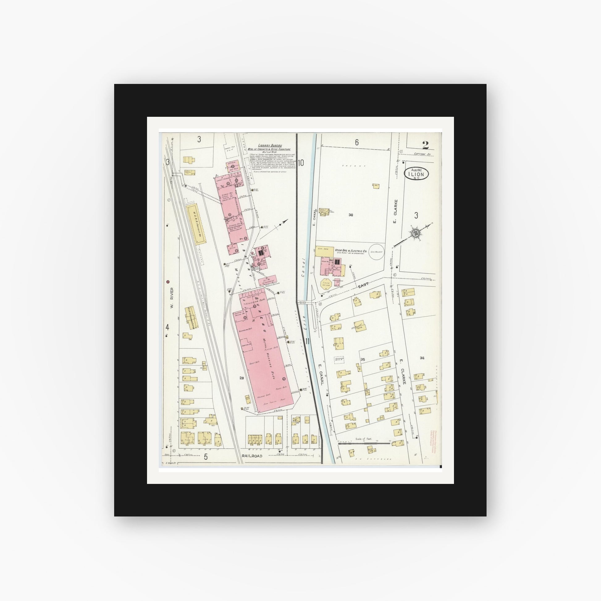 Old map wall art mockup — black gallery frame with white mat — Sanborn Fire Insurance Map from Ilion, Herkimer County, New York (1912) - Complete Map Set