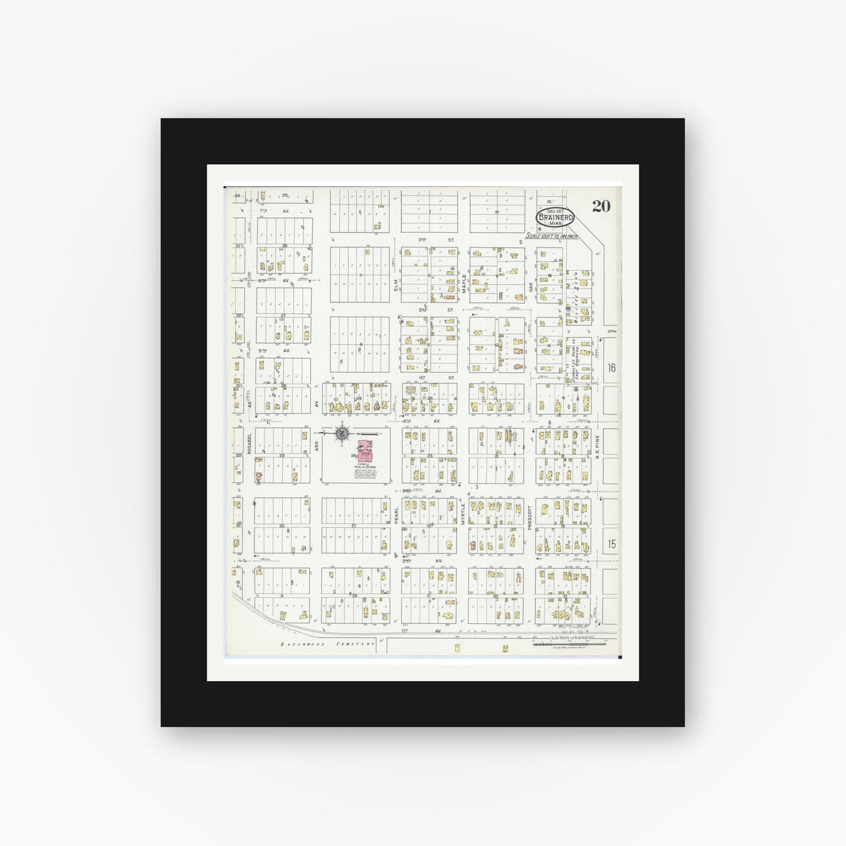 Old map wall art mockup — black gallery frame with white mat — Sanborn Fire Insurance Map from Brainerd, Crow Wing County, Minnesota (1917), Sheet #0020
