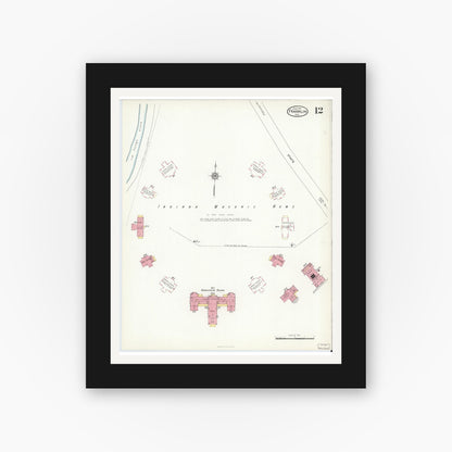 Old map wall art mockup — black gallery frame with white mat — Sanborn Fire Insurance Map from Franklin, Johnson County, Indiana (1916), Sheet #0012