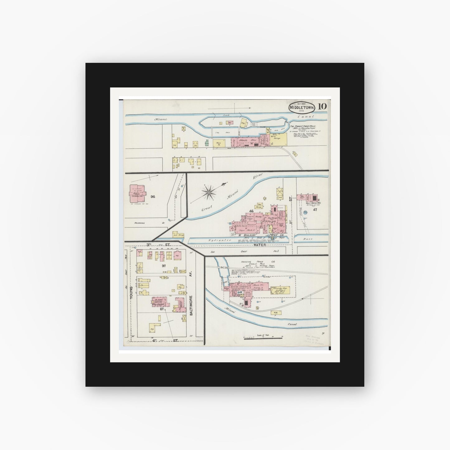 Old map wall art mockup — black gallery frame with white mat — Sanborn Fire Insurance Map from Middletown, Butler County, Ohio (1890), Sheet #0010