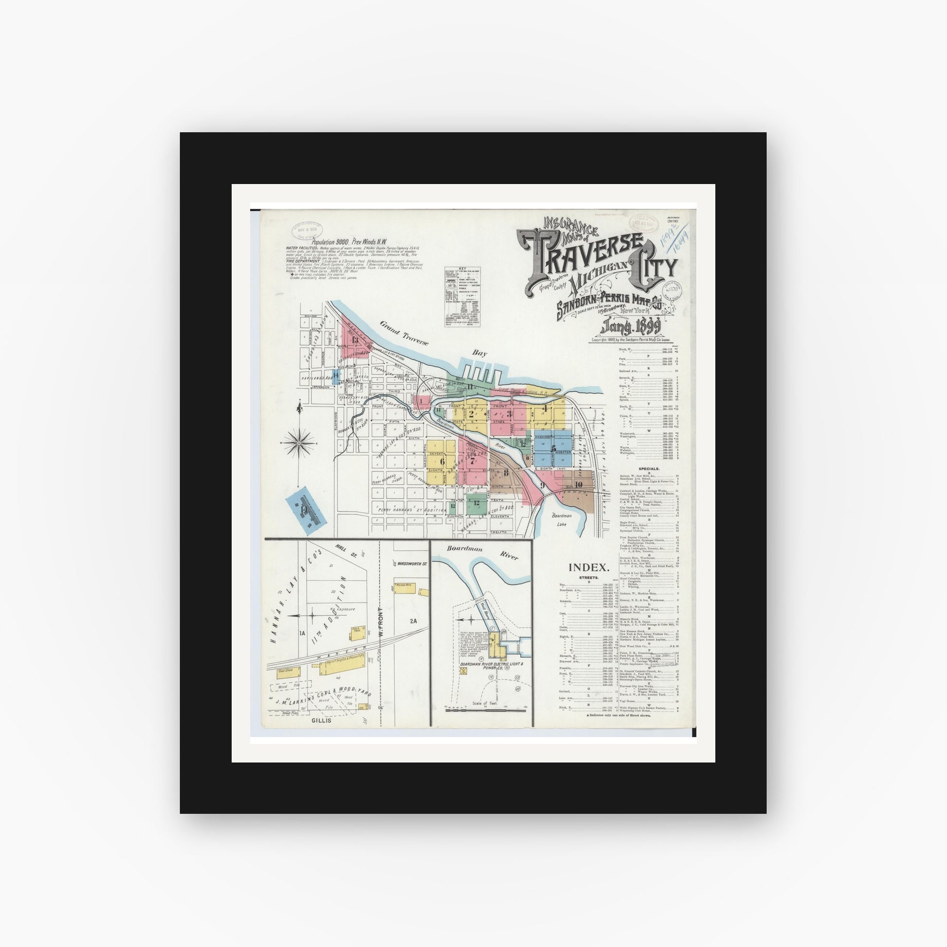 Old map wall art mockup — black gallery frame with white mat — Sanborn Fire Insurance Map from Traverse City, Grand Traverse County, Michigan (1899) - Complete Map Set