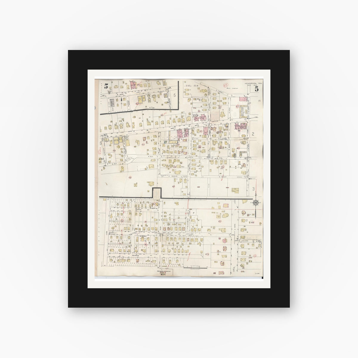 Old map wall art mockup — black gallery frame with white mat — Sanborn Fire Insurance Map from Henderson, Rusk County, Texas (1949), Sheet #0005