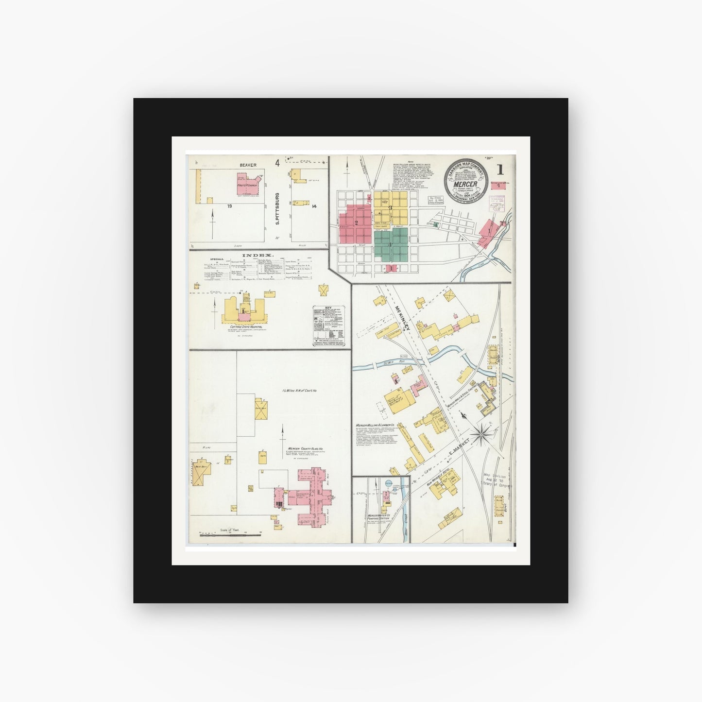 Old map wall art mockup — black gallery frame with white mat — Sanborn Fire Insurance Map from Mercer, Mercer County, Pennsylvania (1904) - Complete Map Set