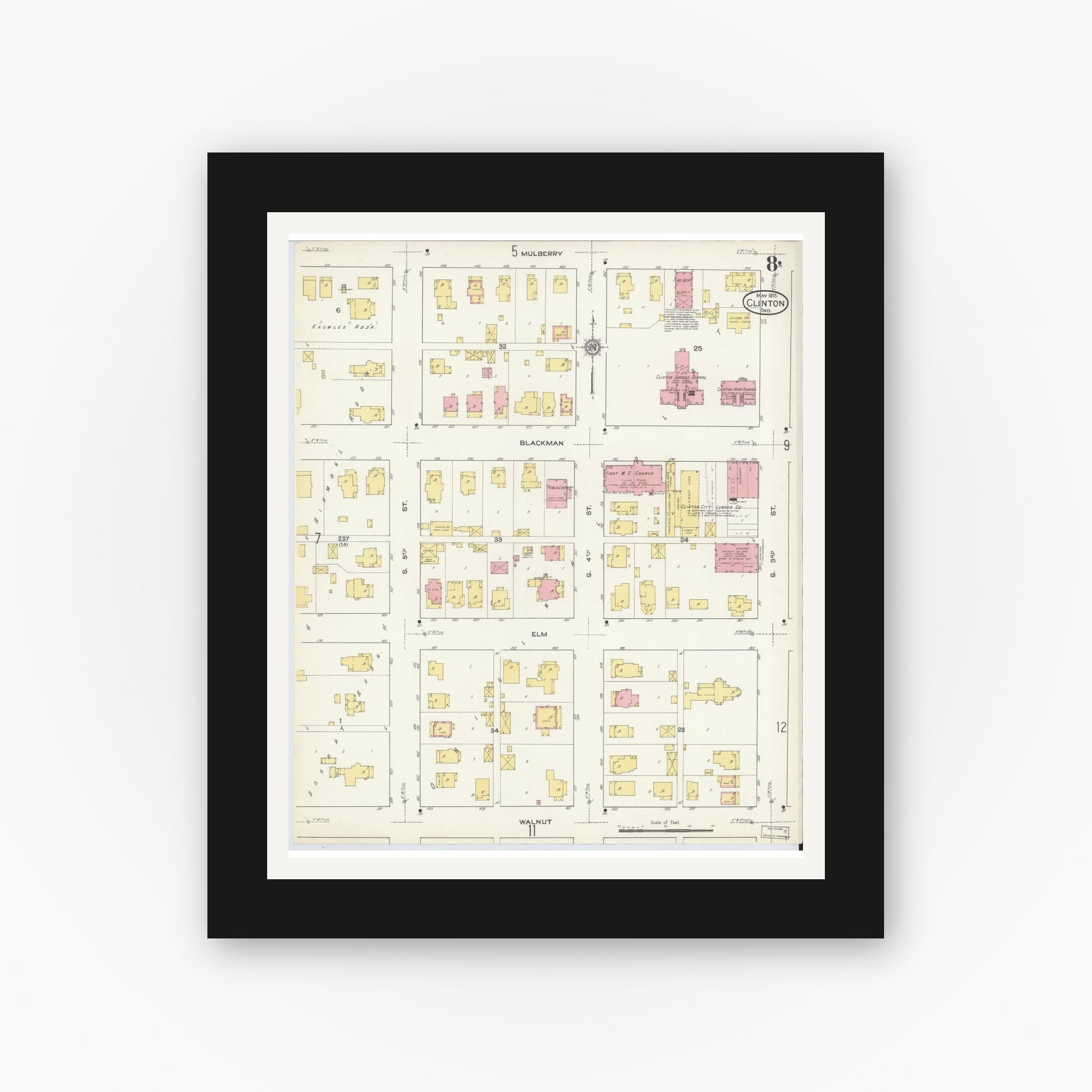 Old map wall art mockup — black gallery frame with white mat — Sanborn Fire Insurance Map from Clinton, Vermillion County, Indiana (1915), Sheet #0008
