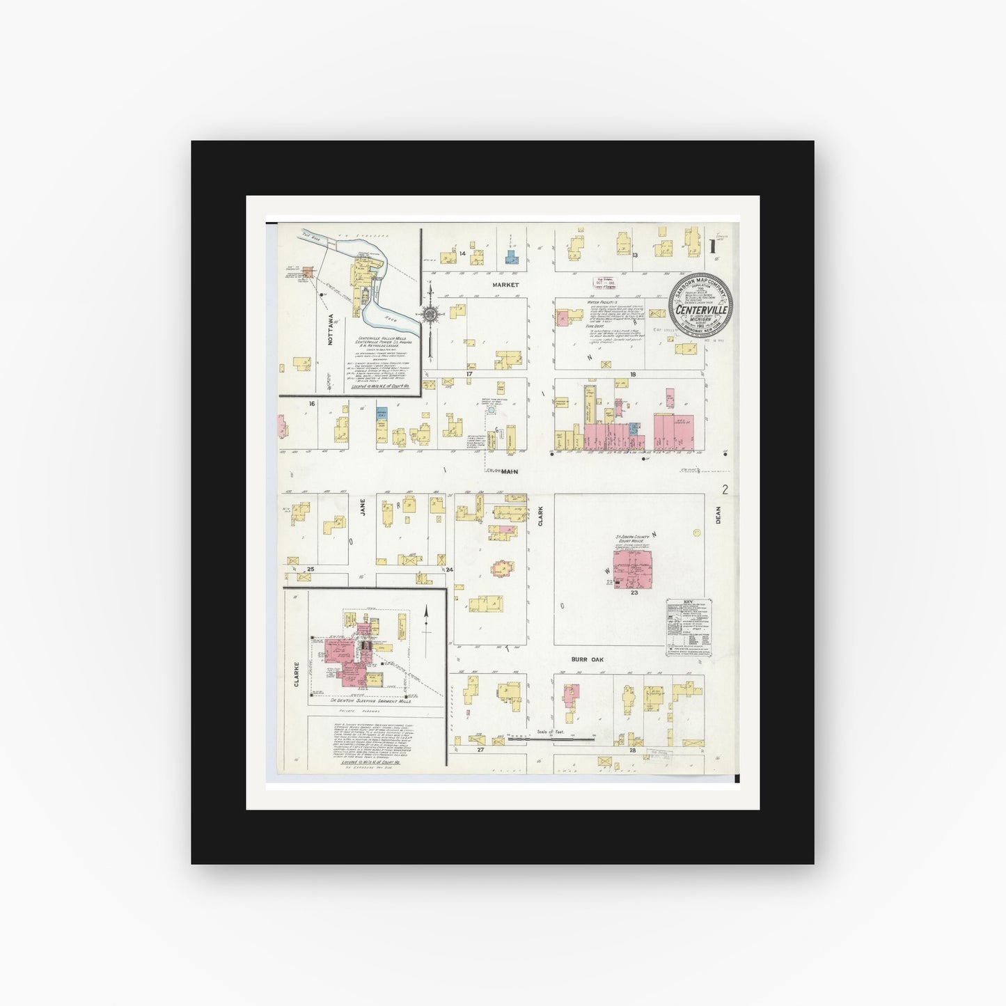 Old map wall art mockup — black gallery frame with white mat — Sanborn Fire Insurance Map from Centreville, Saint Joseph County, Michigan (1911), Sheet #0001