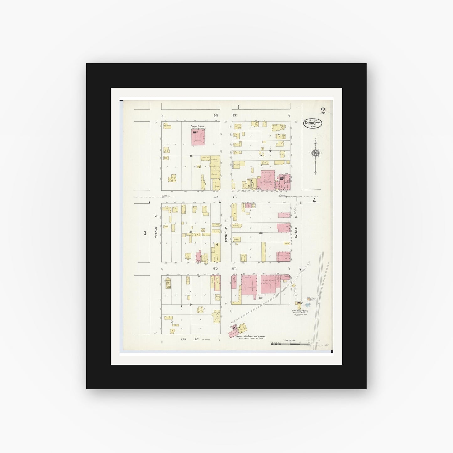 Old map wall art mockup — black gallery frame with white mat — Sanborn Fire Insurance Map from Rush City, Chisago County, Minnesota (1912), Sheet #0002