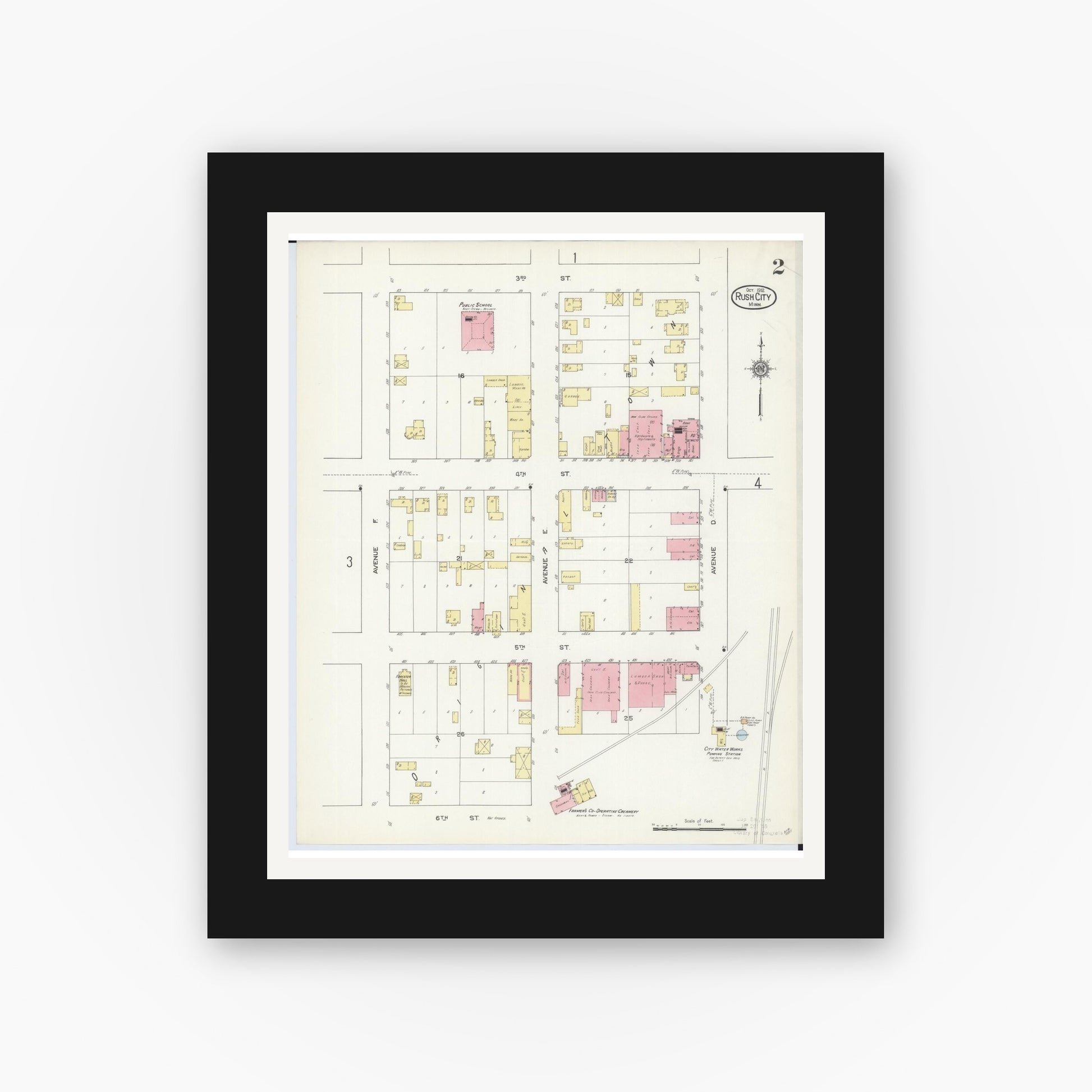 Old map wall art mockup — black gallery frame with white mat — Sanborn Fire Insurance Map from Rush City, Chisago County, Minnesota (1912), Sheet #0002