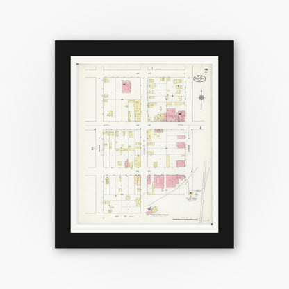 Old map wall art mockup — black gallery frame with white mat — Sanborn Fire Insurance Map from Rush City, Chisago County, Minnesota (1912), Sheet #0002