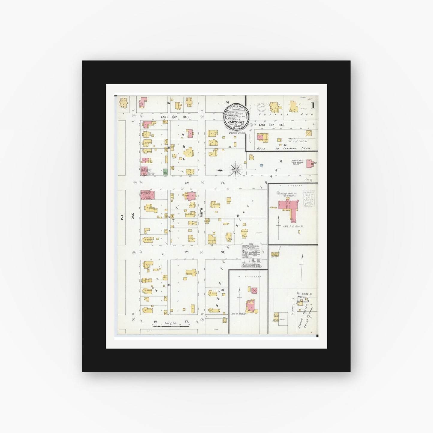 Old map wall art mockup — black gallery frame with white mat — Sanborn Fire Insurance Map from Platte City, Platte County, Missouri (1900), Sheet #0001