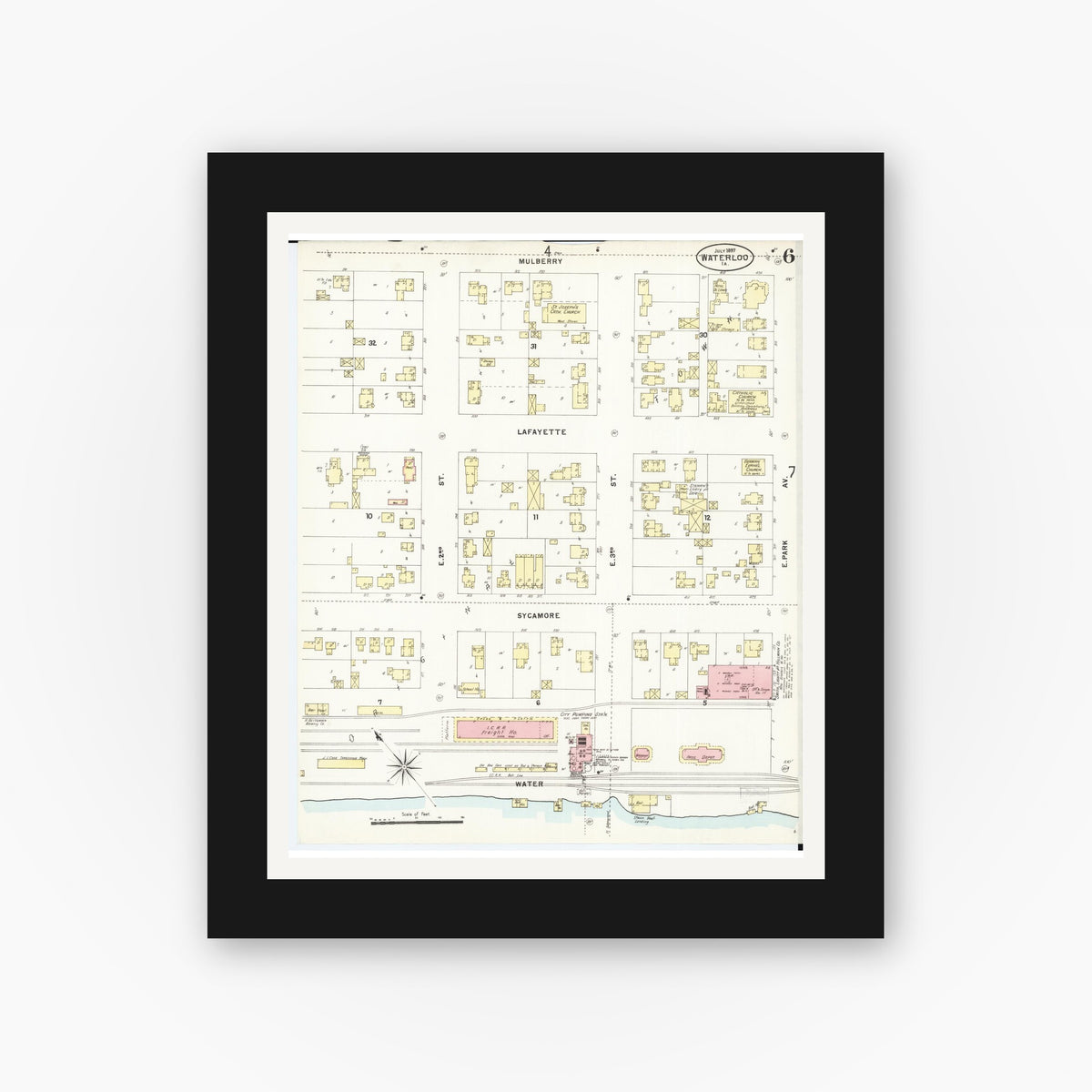 Old map wall art mockup — black gallery frame with white mat — Sanborn Fire Insurance Map from Waterloo, Black Hawk County, Iowa (1897), Sheet #0006