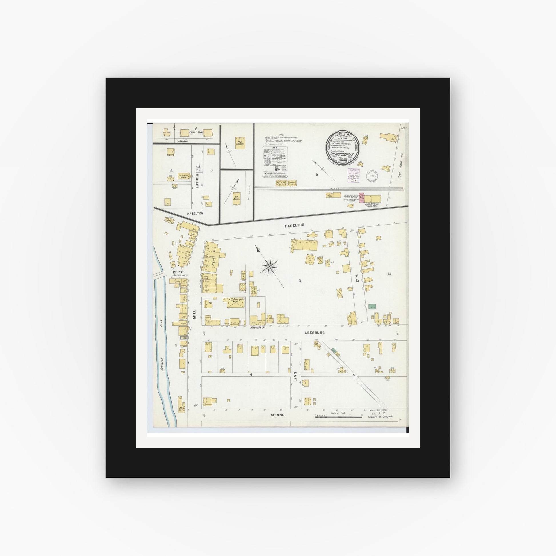 Old map wall art mockup — black gallery frame with white mat — Sanborn Fire Insurance Map from Sherrodsville, Carroll County, Ohio (1901), Sheet #0001