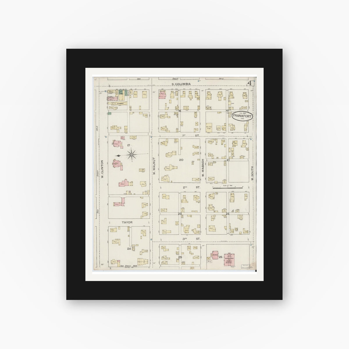 Old map wall art mockup — black gallery frame with white mat — Sanborn Fire Insurance Map from Frankfort, Clinton County, Indiana (1887), Sheet #0004