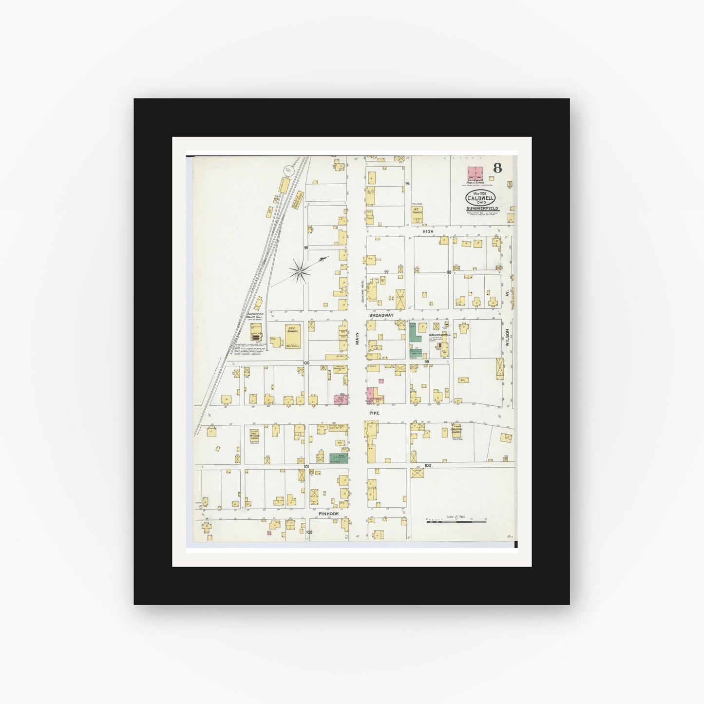 Old map wall art mockup — black gallery frame with white mat — Sanborn Fire Insurance Map from Caldwell, Noble County, Ohio (1905), Sheet #0008