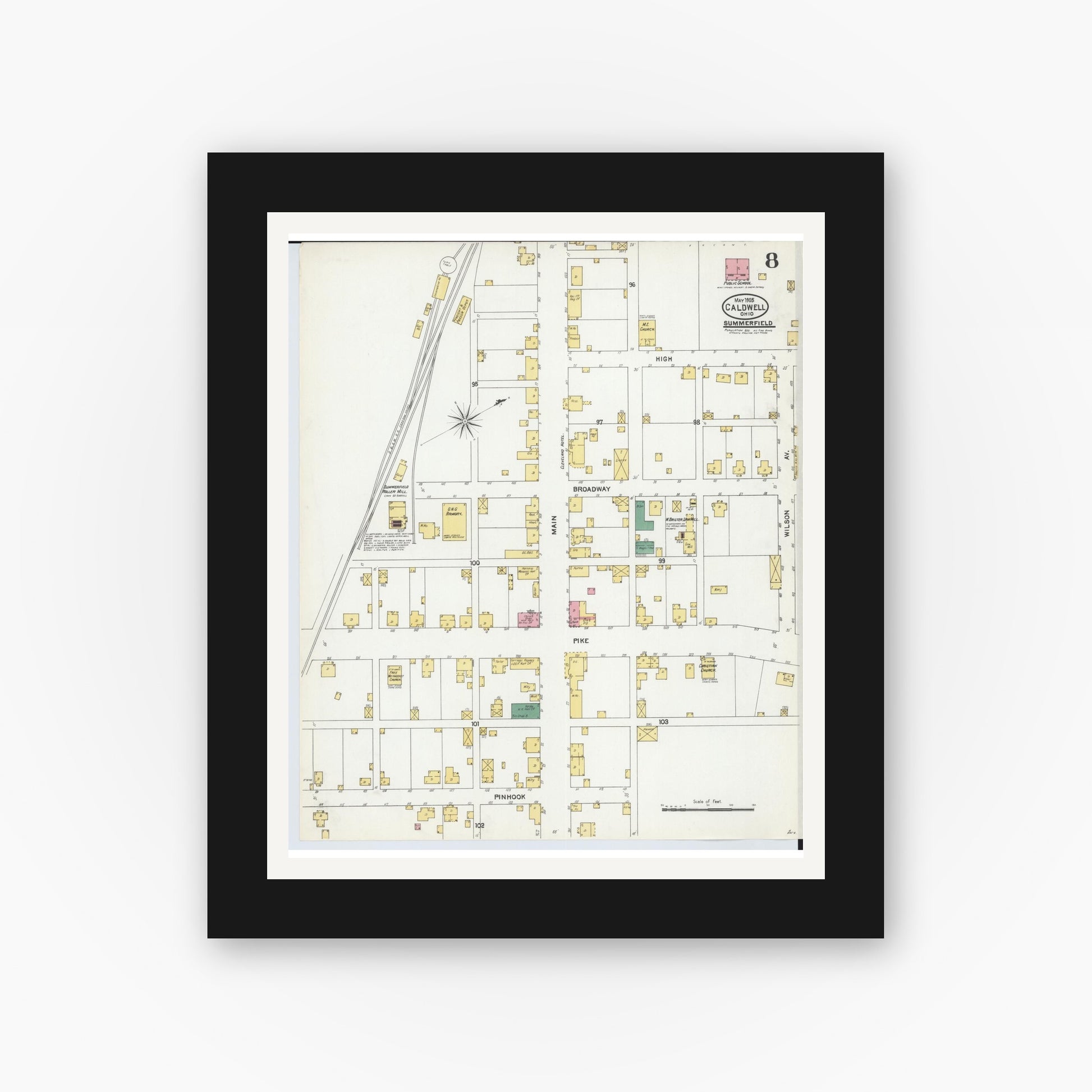 Old map wall art mockup — black gallery frame with white mat — Sanborn Fire Insurance Map from Caldwell, Noble County, Ohio (1905), Sheet #0008