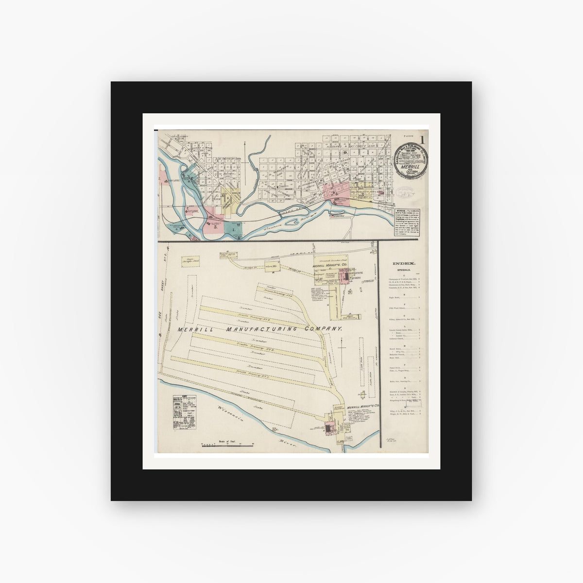 Old map wall art mockup — black gallery frame with white mat — Sanborn Fire Insurance Map from Merrill, Lincoln County, Wisconsin (1884) - Complete Map Set