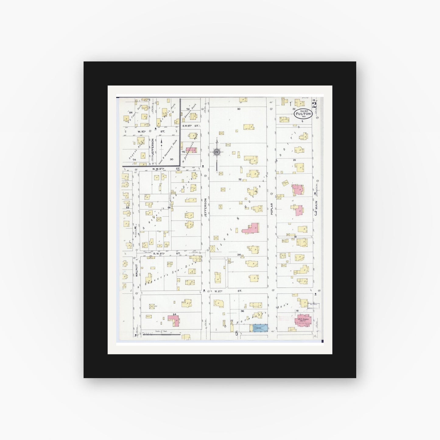 Old map wall art mockup — black gallery frame with white mat — Sanborn Fire Insurance Map from Fulton, Callaway County, Missouri (1910), Sheet #0002