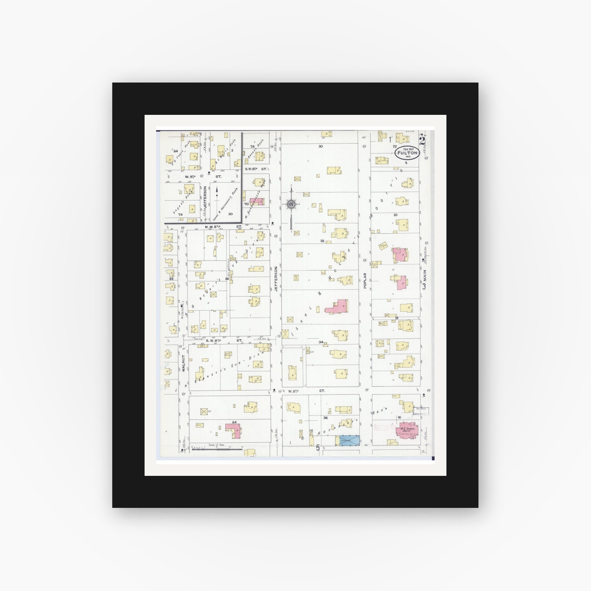 Old map wall art mockup — black gallery frame with white mat — Sanborn Fire Insurance Map from Fulton, Callaway County, Missouri (1910), Sheet #0002