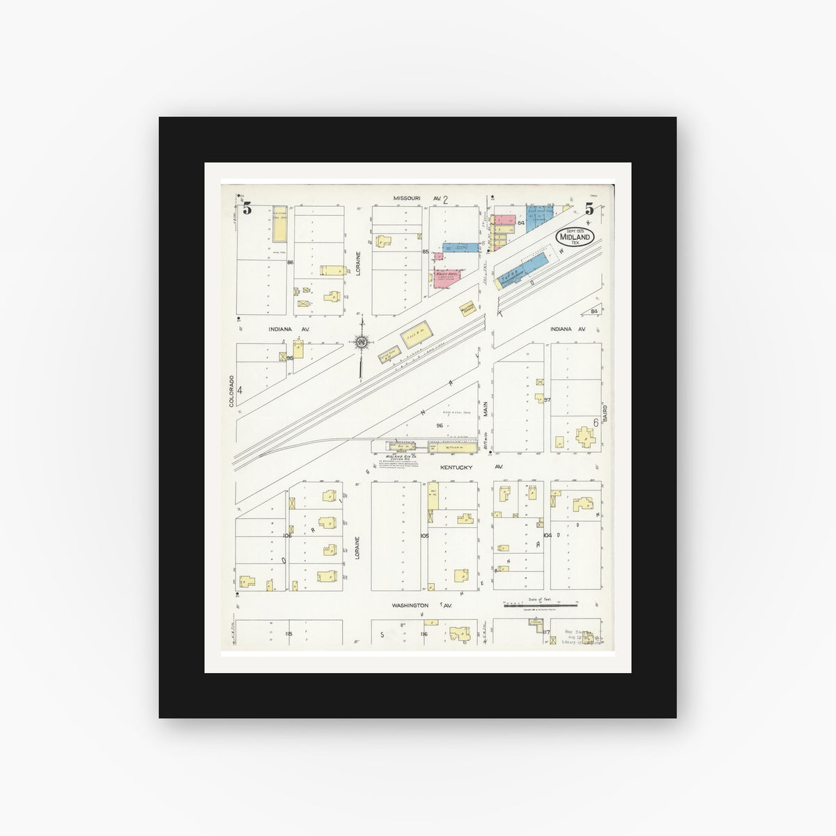 Old map wall art mockup — black gallery frame with white mat — Sanborn Fire Insurance Map from Midland, Midland County, Texas (1925), Sheet #0005