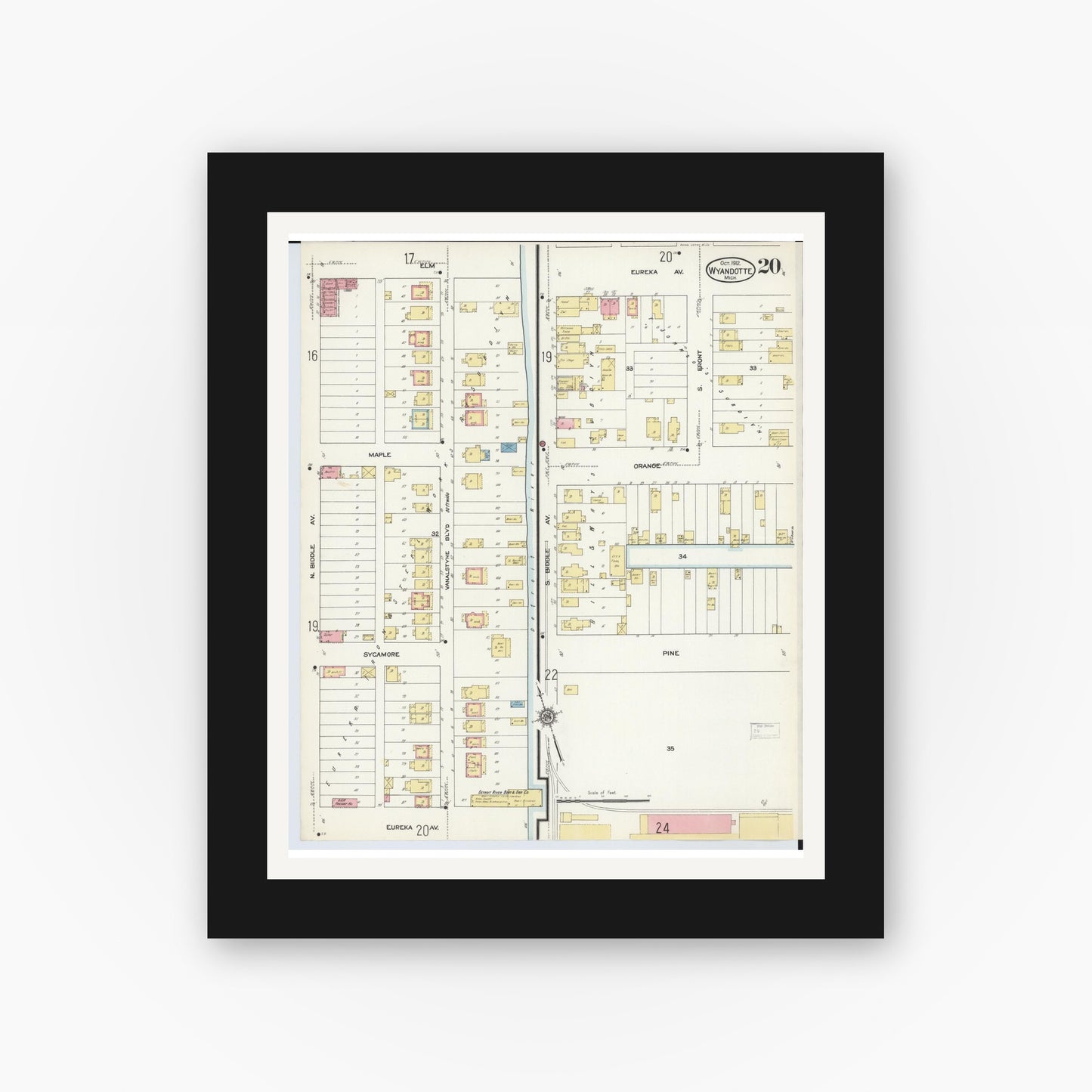 Old map wall art mockup — black gallery frame with white mat — Sanborn Fire Insurance Map from Wyandotte, Wayne County, Michigan (1912), Sheet #0020