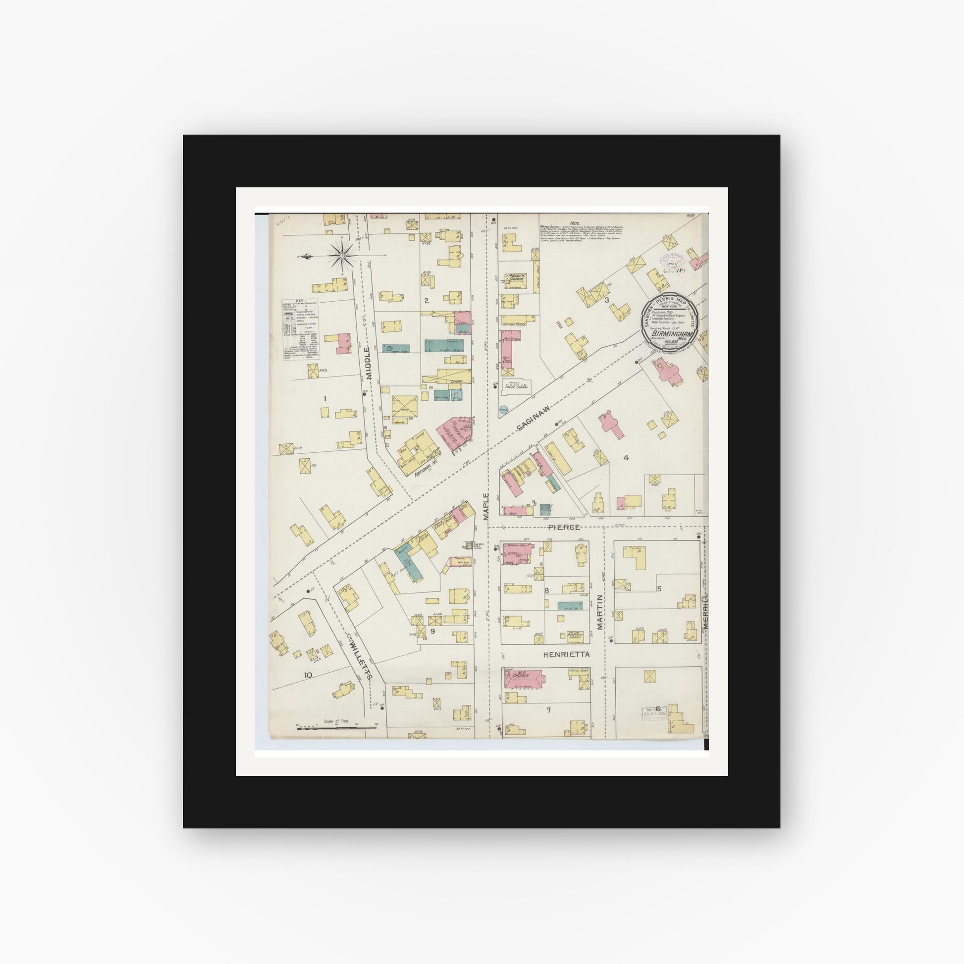 Old map wall art mockup — black gallery frame with white mat — Sanborn Fire Insurance Map from Birmingham, Oakland County, Michigan (1893), Sheet #0001
