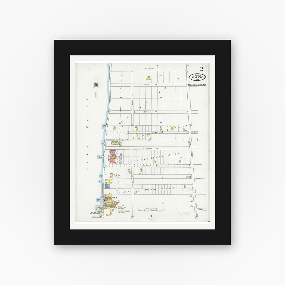 Old map wall art mockup — black gallery frame with white mat — Sanborn Fire Insurance Map from Palm Beach, Palm Beach County, Florida (1919), Sheet #0002