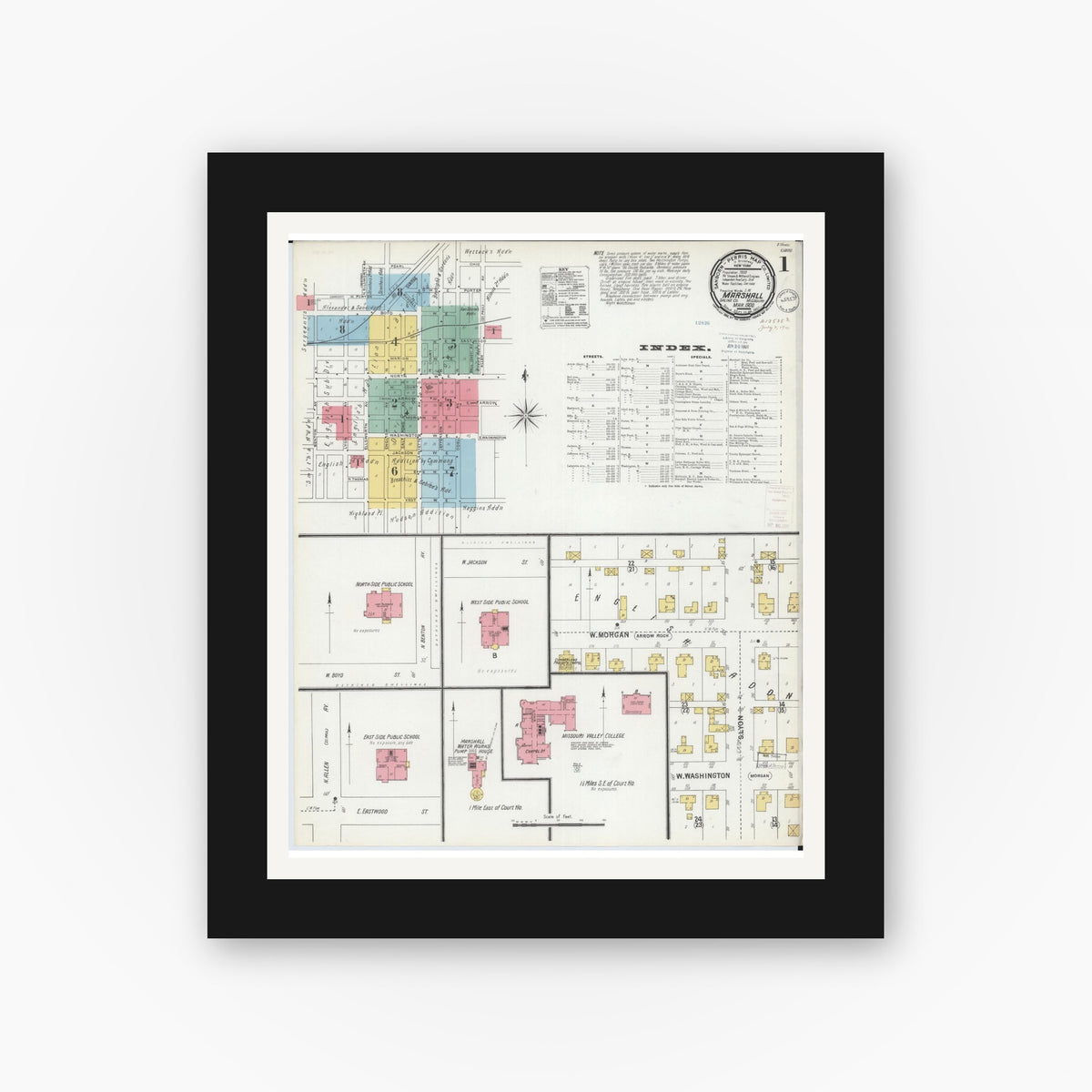 Old map wall art mockup — black gallery frame with white mat — Sanborn Fire Insurance Map from Marshall, Saline County, Missouri (1900), Sheet #0001