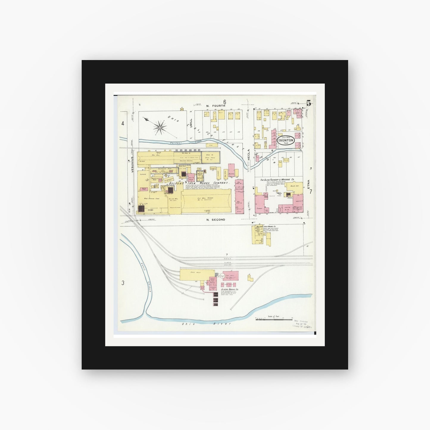 Old map wall art mockup — black gallery frame with white mat — Sanborn Fire Insurance Map from Ironton, Lawrence County, Ohio (1909), Sheet #0005