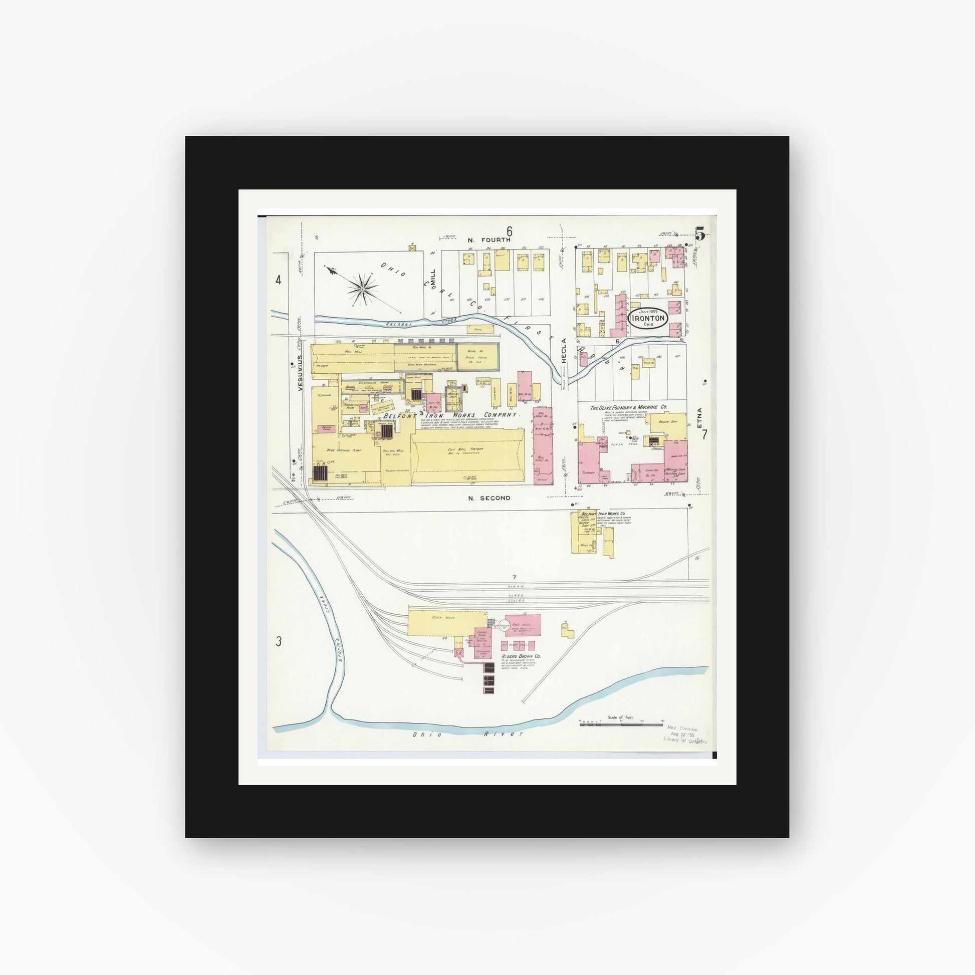Old map wall art mockup — black gallery frame with white mat — Sanborn Fire Insurance Map from Ironton, Lawrence County, Ohio (1909), Sheet #0005