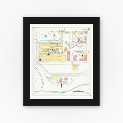Old map wall art mockup — black gallery frame with white mat — Sanborn Fire Insurance Map from Ironton, Lawrence County, Ohio (1909), Sheet #0005