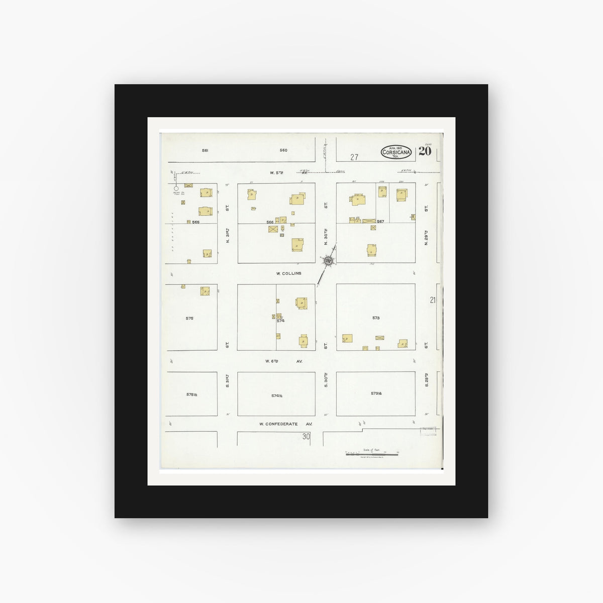 Old map wall art mockup — black gallery frame with white mat — Sanborn Map from Corsicana, Navarro County, Texas (1921), Sheet #0020