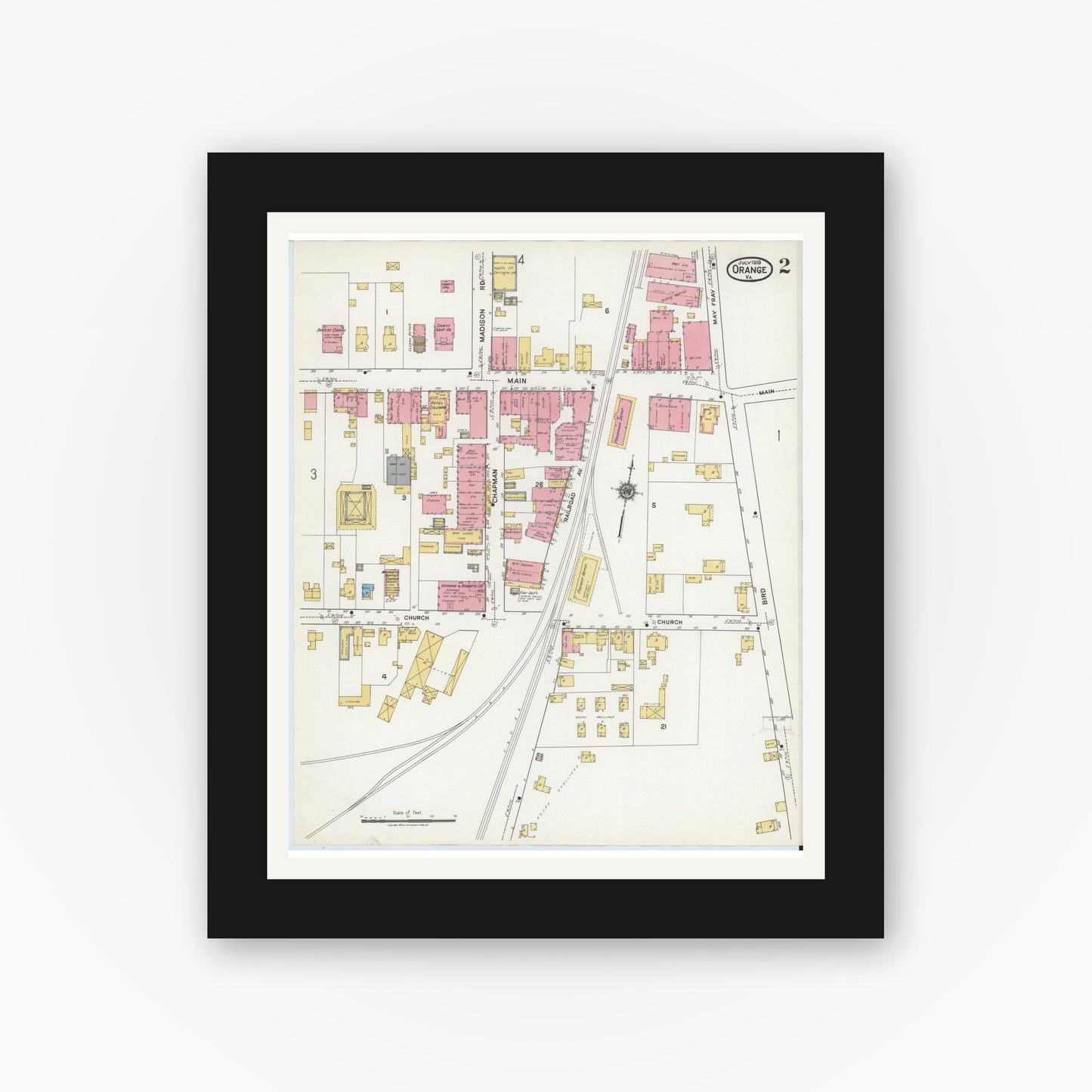 Old map wall art mockup — black gallery frame with white mat — Sanborn Fire Insurance Map from Orange, Orange County, Virginia (1919), Sheet #0002