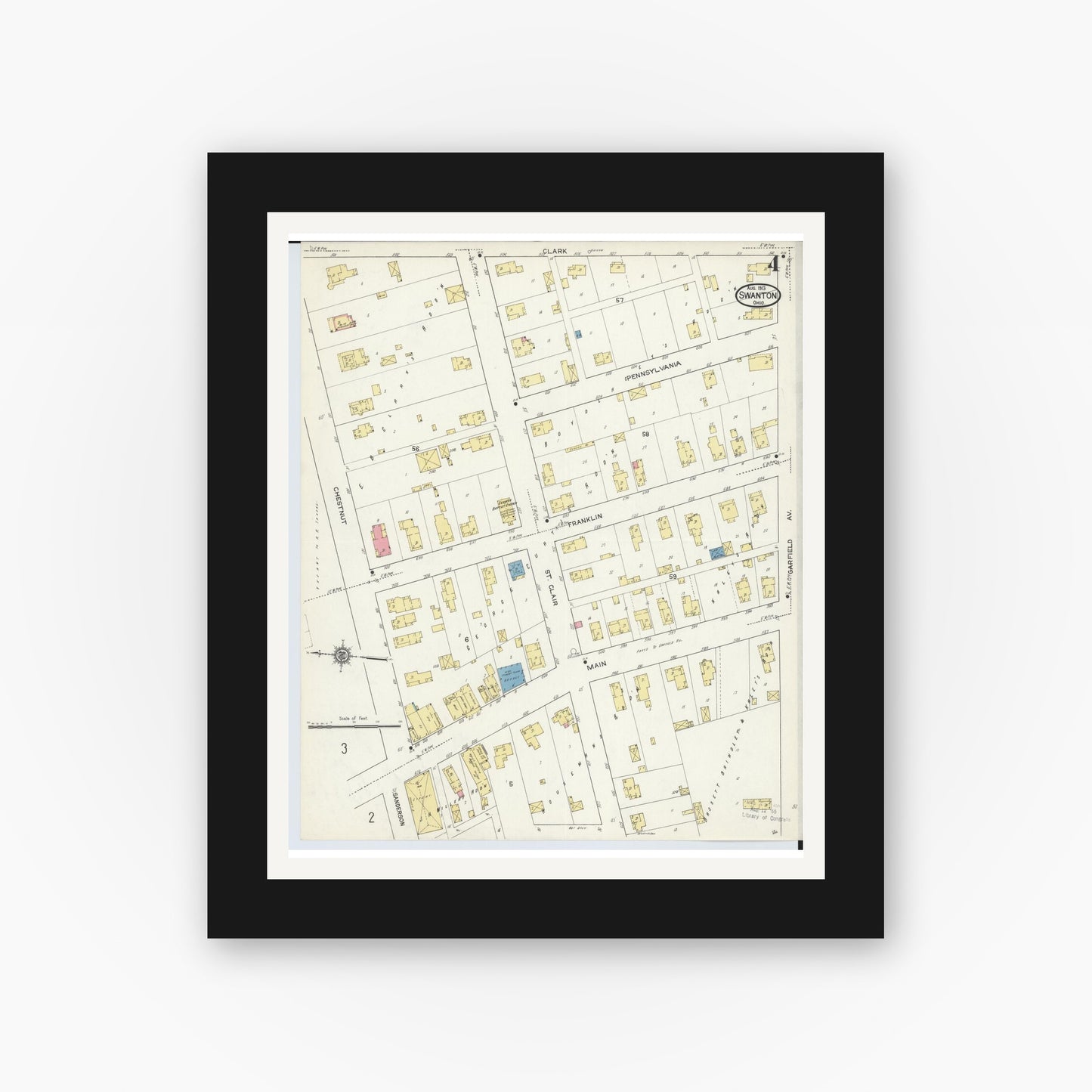 Old map wall art mockup — black gallery frame with white mat — Sanborn Fire Insurance Map from Swanton, Fulton County, Ohio (1913), Sheet #0004