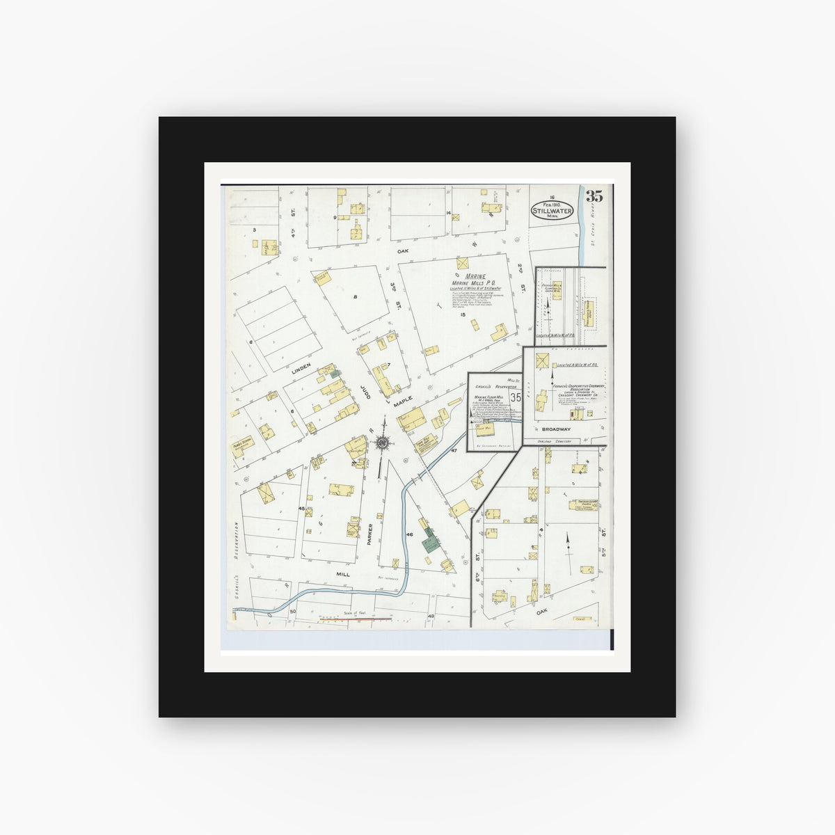 Old map wall art mockup — black gallery frame with white mat — Sanborn Fire Insurance Map from Stillwater, Washington County, Minnesota (1910), Sheet #0035