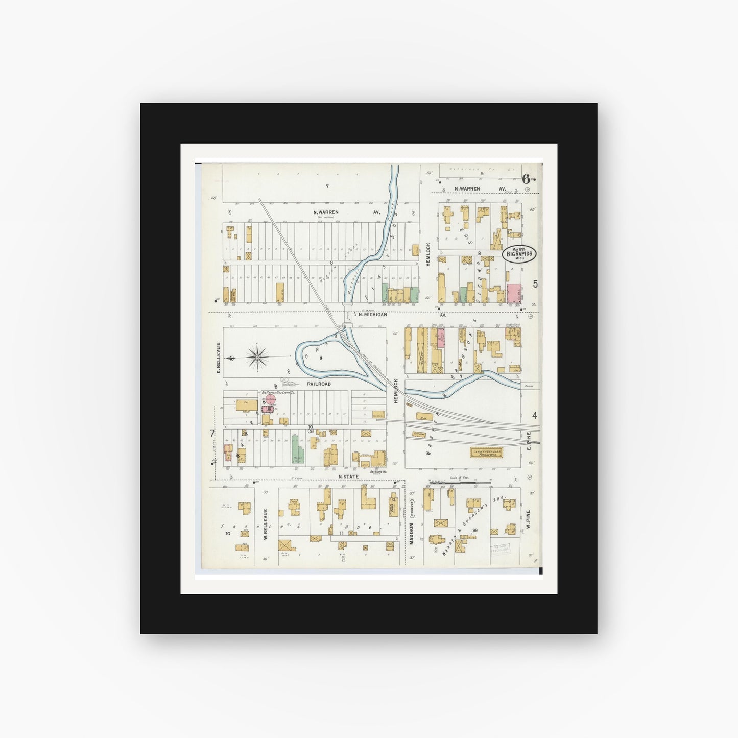 Old map wall art mockup — black gallery frame with white mat — Sanborn Fire Insurance Map from Big Rapids, Mecosta County, Michigan (1899), Sheet #0006
