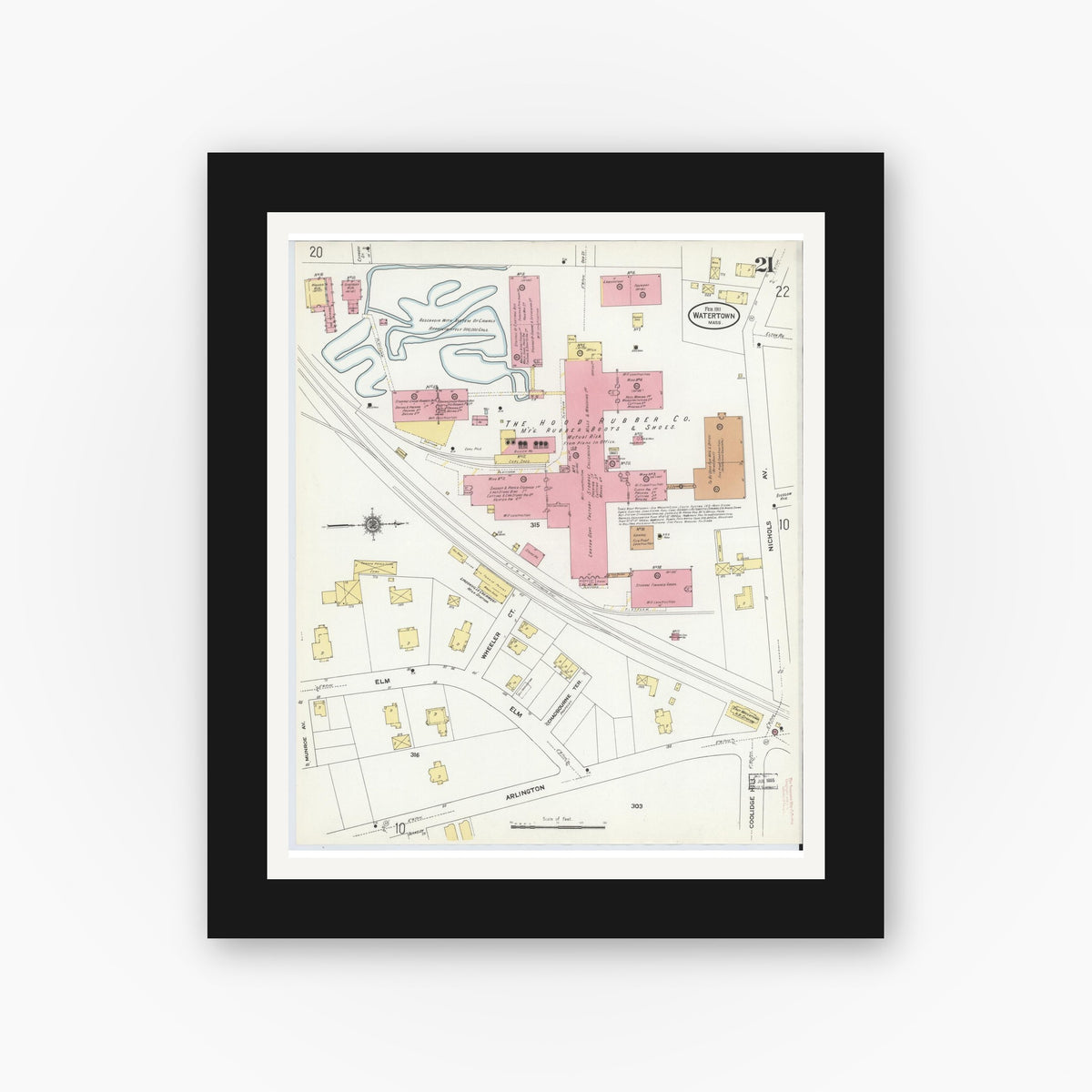 Old map wall art mockup — black gallery frame with white mat — Sanborn Fire Insurance Map from Watertown, Middlesex County, Massachusetts (1911), Sheet #0021