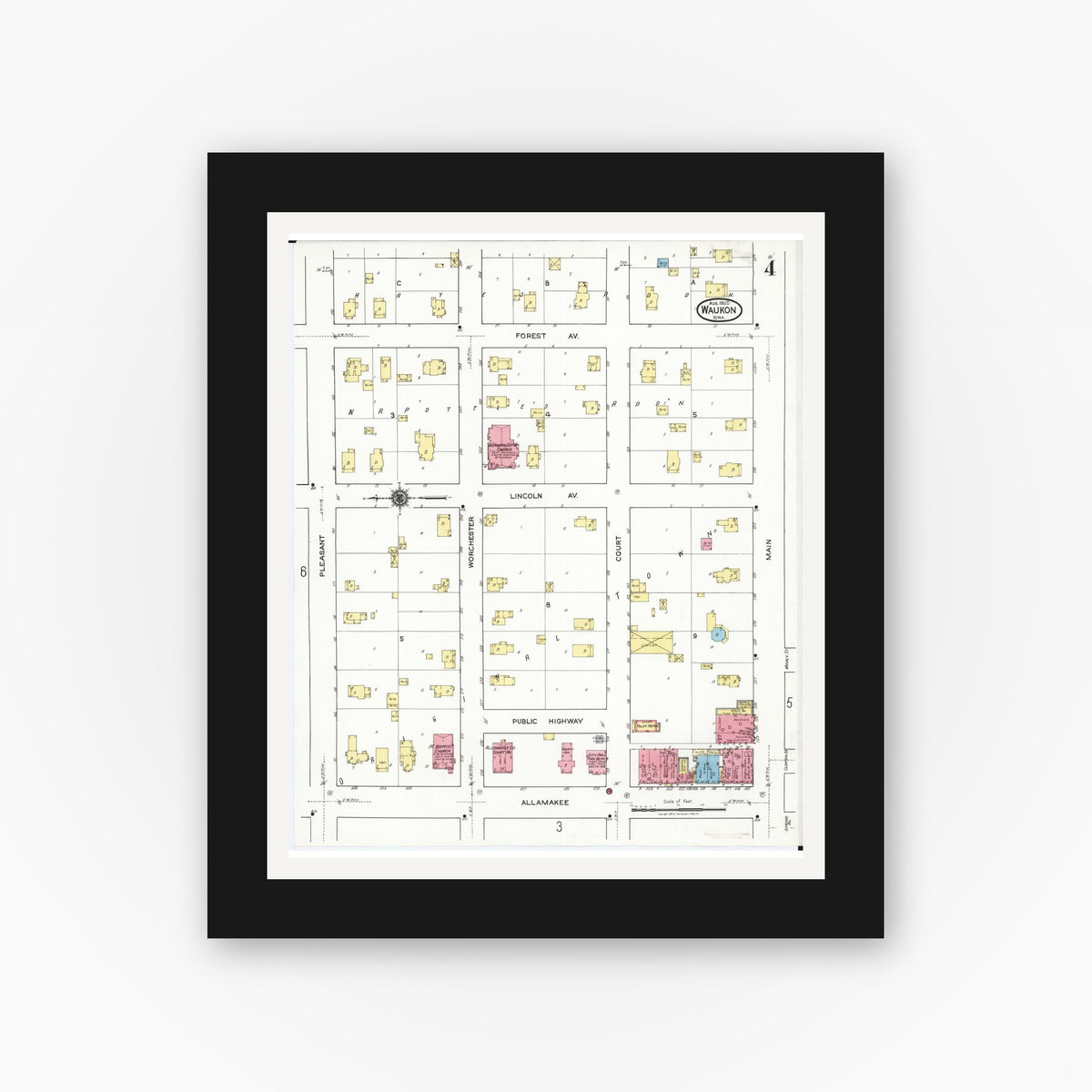 Old map wall art mockup — black gallery frame with white mat — Sanborn Fire Insurance Map from Waukon, Allamakee County, Iowa (1920), Sheet #0004