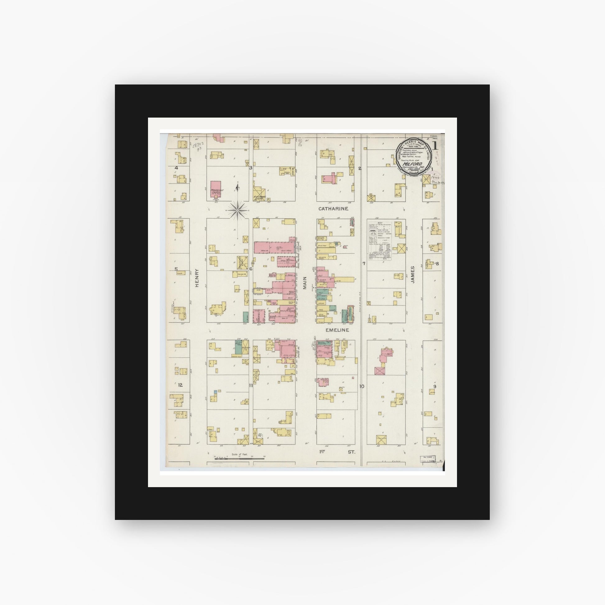 Old map wall art mockup — black gallery frame with white mat — Sanborn Fire Insurance Map from Milford, Kosciusko County, Indiana (1893) - Complete Map Set