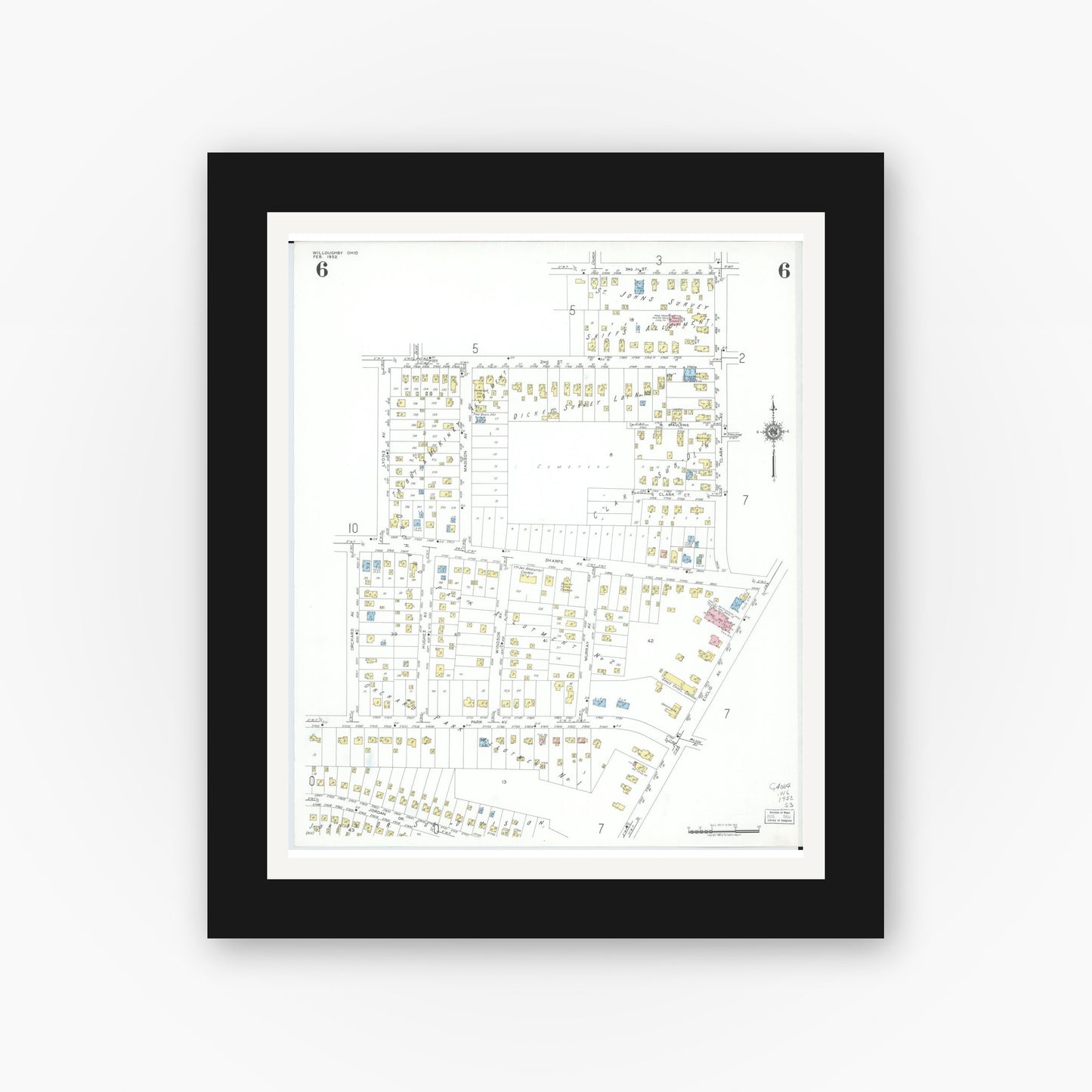 Old map wall art mockup — black gallery frame with white mat — Sanborn Fire Insurance Map from Willoughby, Lake County, Ohio (1952), Sheet #0006