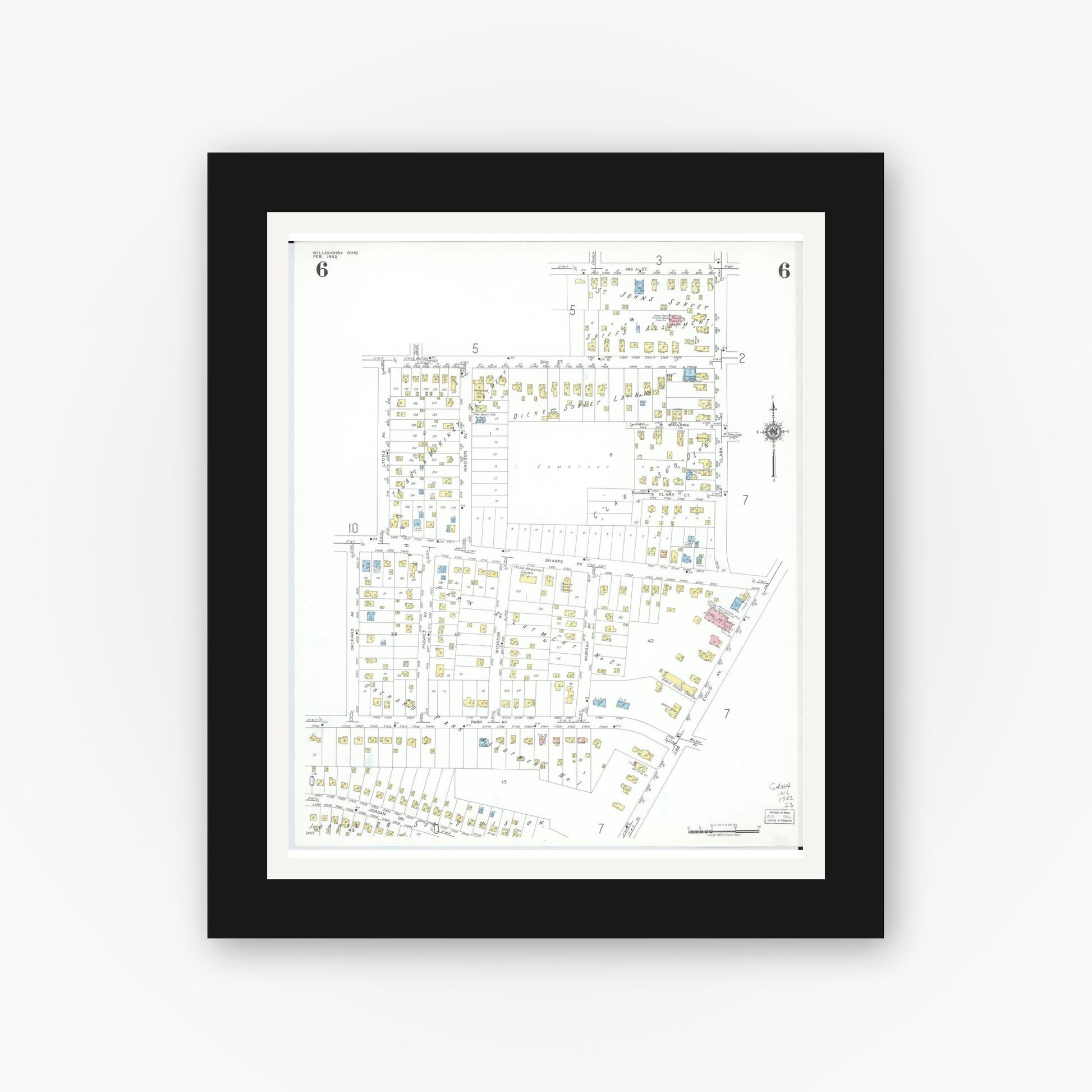 Old map wall art mockup — black gallery frame with white mat — Sanborn Fire Insurance Map from Willoughby, Lake County, Ohio (1952), Sheet #0006