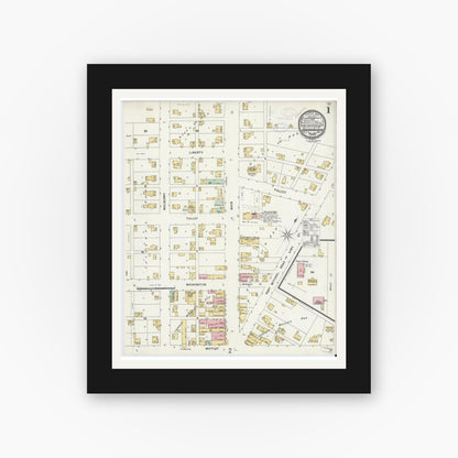 Old map wall art mockup — black gallery frame with white mat — Sanborn Fire Insurance Map from Churubusco, Whitley County, Indiana (1897), Sheet #0001