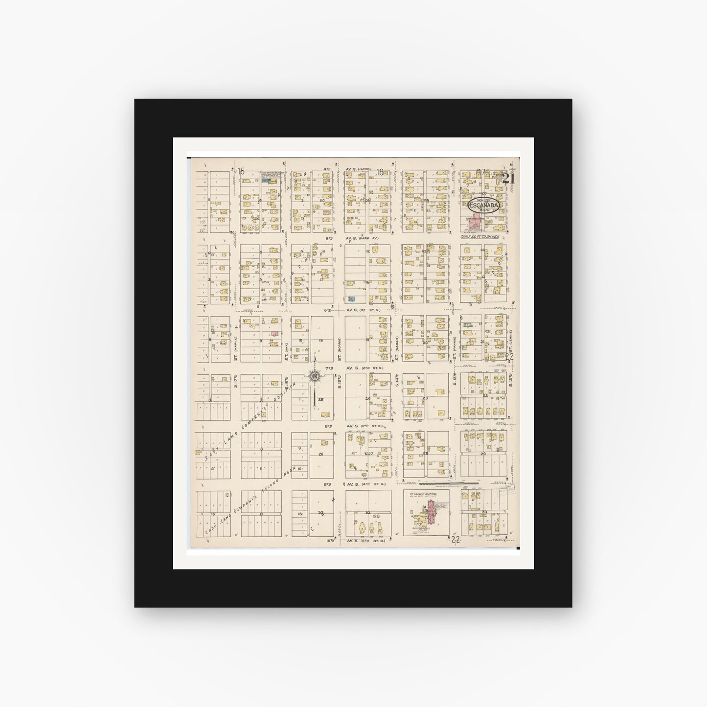 Old map wall art mockup — black gallery frame with white mat — Sanborn Fire Insurance Map from Escanaba, Delta County, Michigan (1921), Sheet #0021