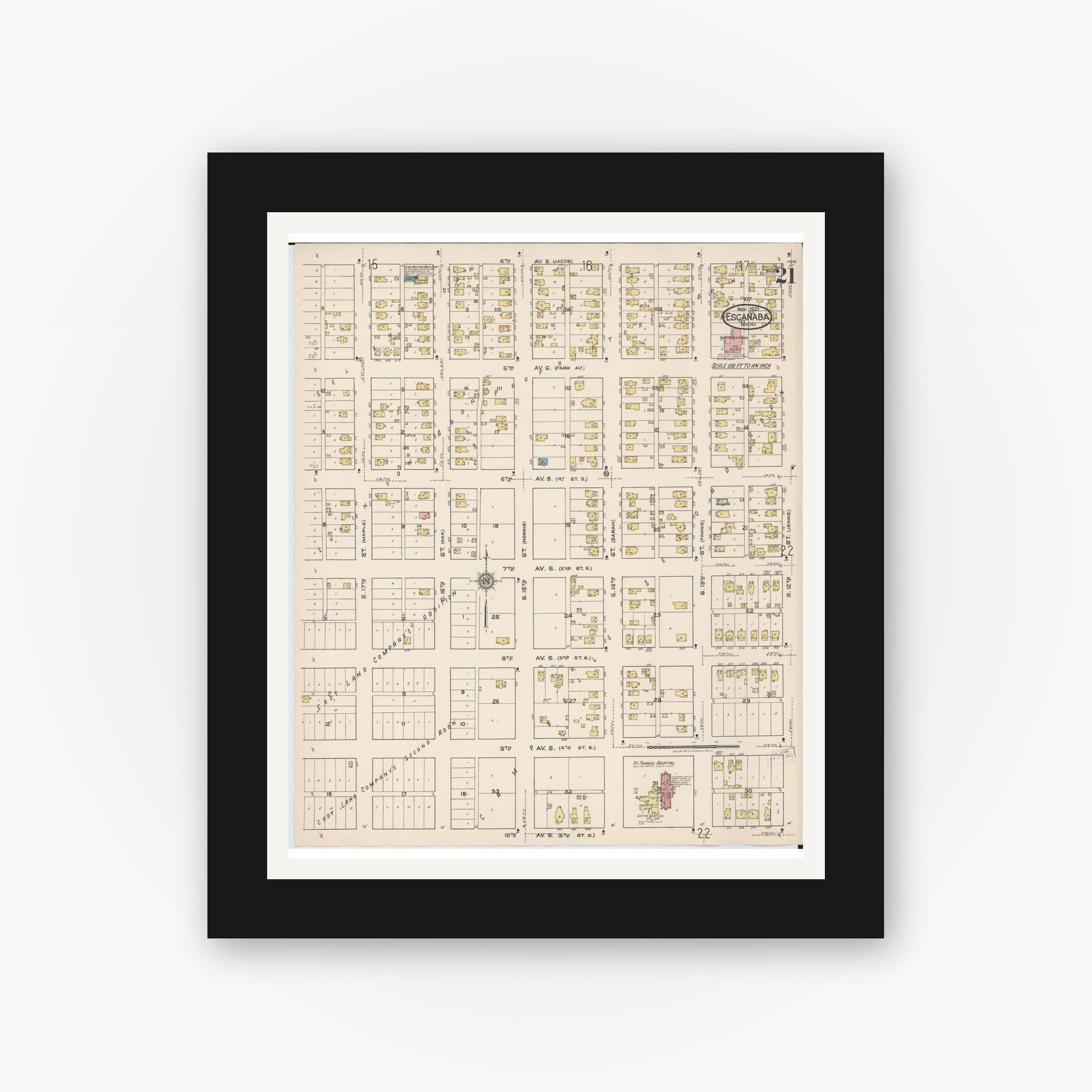 Old map wall art mockup — black gallery frame with white mat — Sanborn Fire Insurance Map from Escanaba, Delta County, Michigan (1921), Sheet #0021