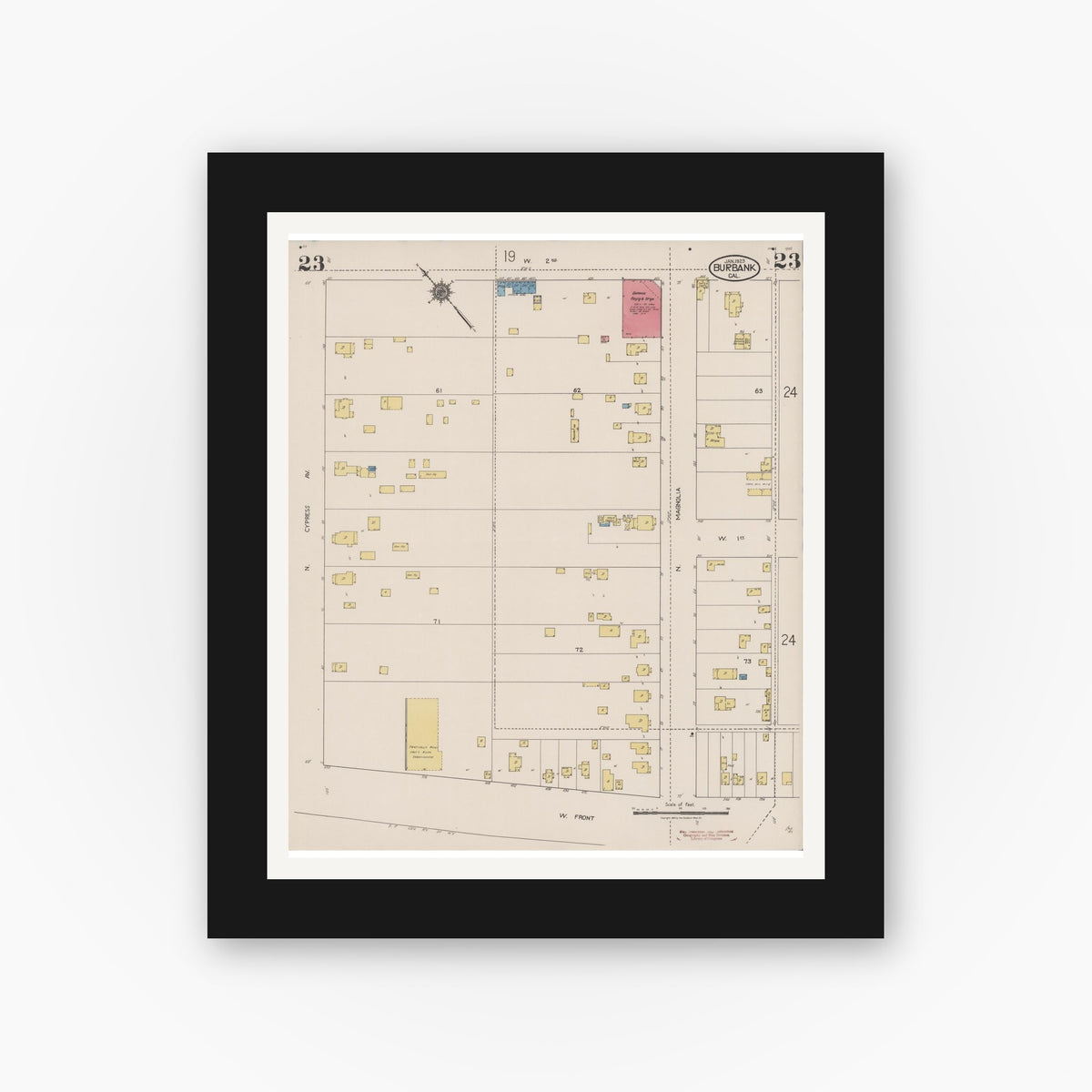 Old map wall art mockup — black gallery frame with white mat — Sanborn Fire Insurance Map from Burbank, Los Angeles County, California (1923), Sheet #0023