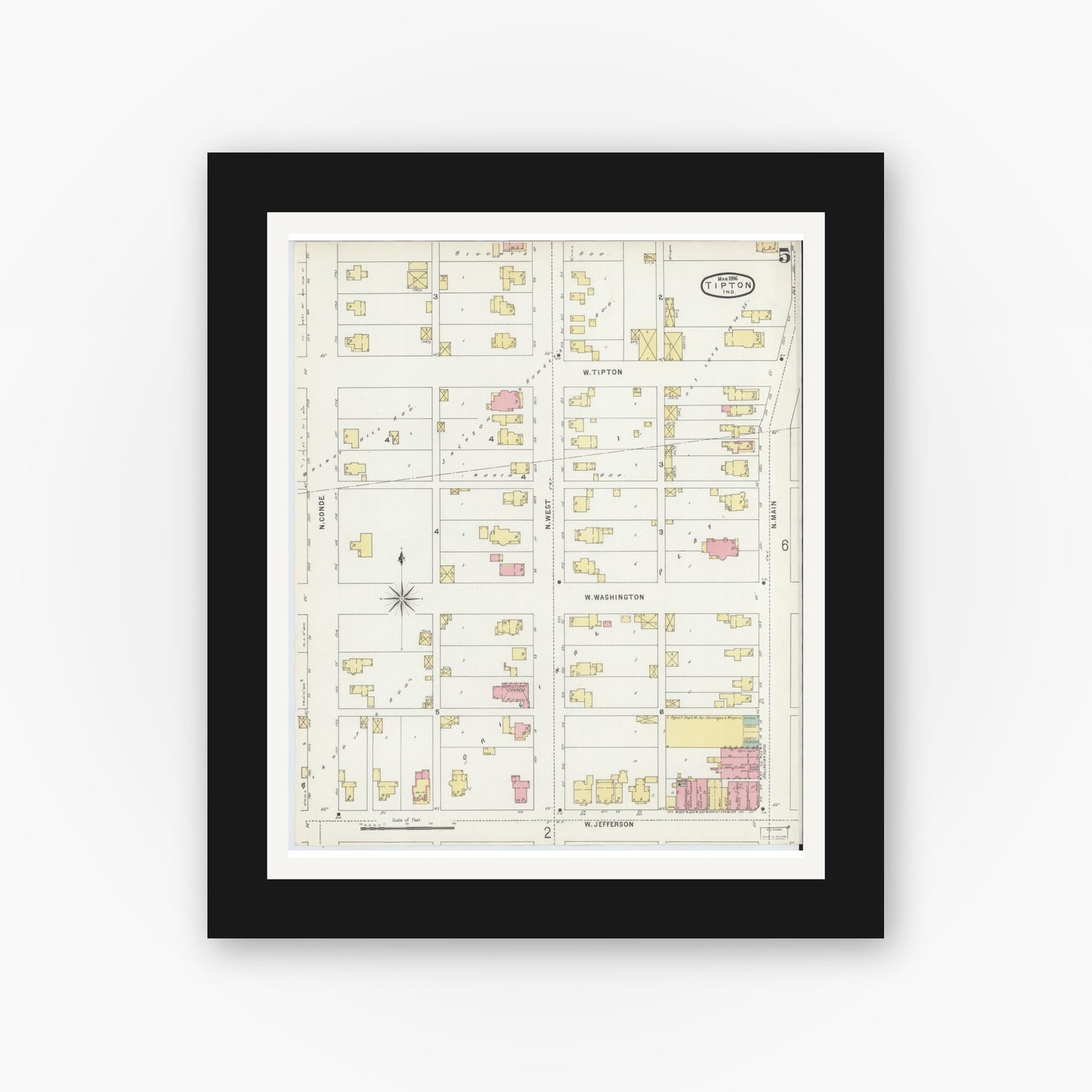 Old map wall art mockup — black gallery frame with white mat — Sanborn Fire Insurance Map from Tipton, Tipton County, Indiana (1896), Sheet #0005