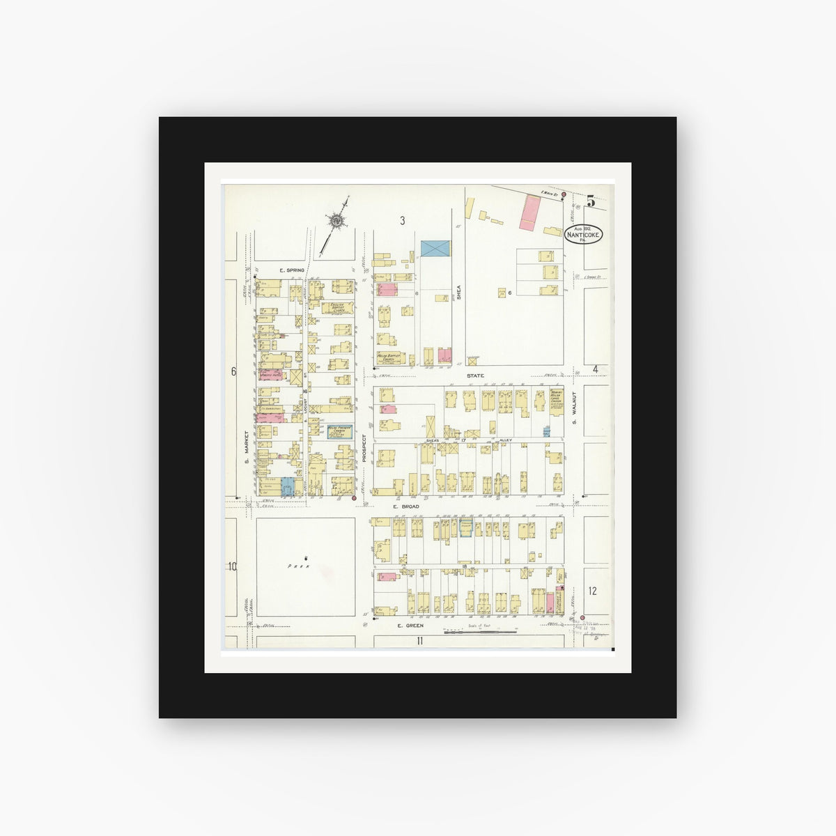 Old map wall art mockup — black gallery frame with white mat — Sanborn Fire Insurance Map from Nanticoke, Luzerne County, Pennsylvania (1912), Sheet #0005