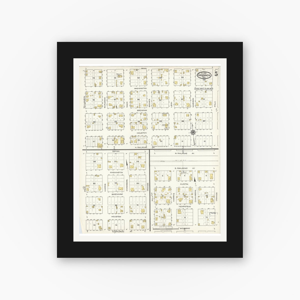 Old map wall art mockup — black gallery frame with white mat — Sanborn Fire Insurance Map from Giddings, Lee County, Texas (1921), Sheet #0005
