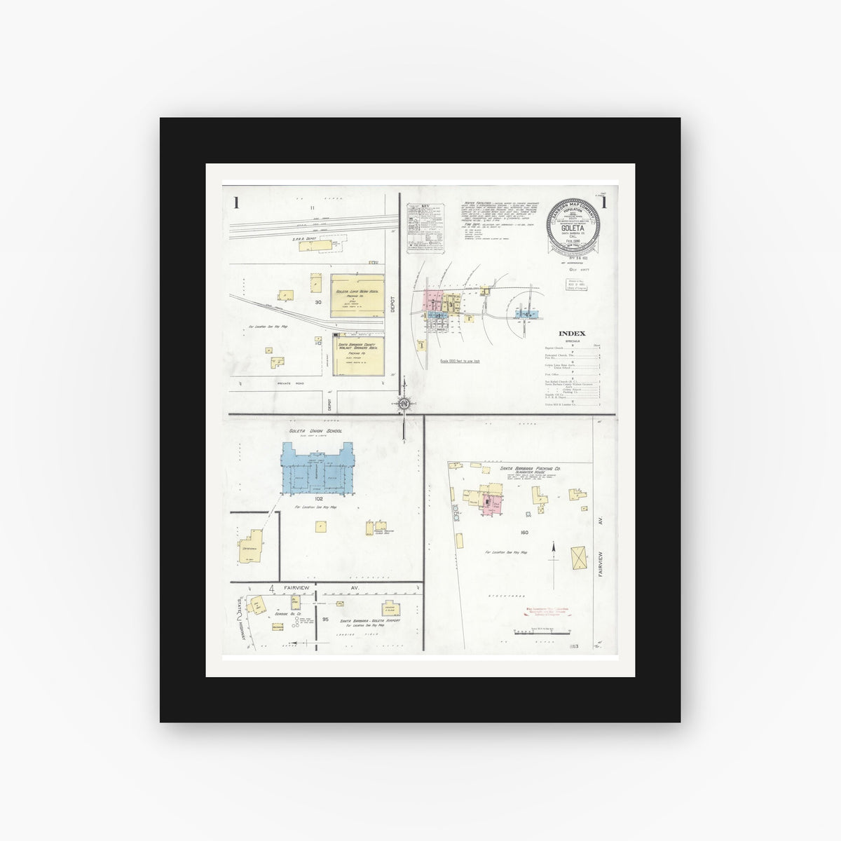 Old map wall art mockup — black gallery frame with white mat — Sanborn Fire Insurance Map from Goleta, Santa Barbara County, California (1930) - Complete Map Set