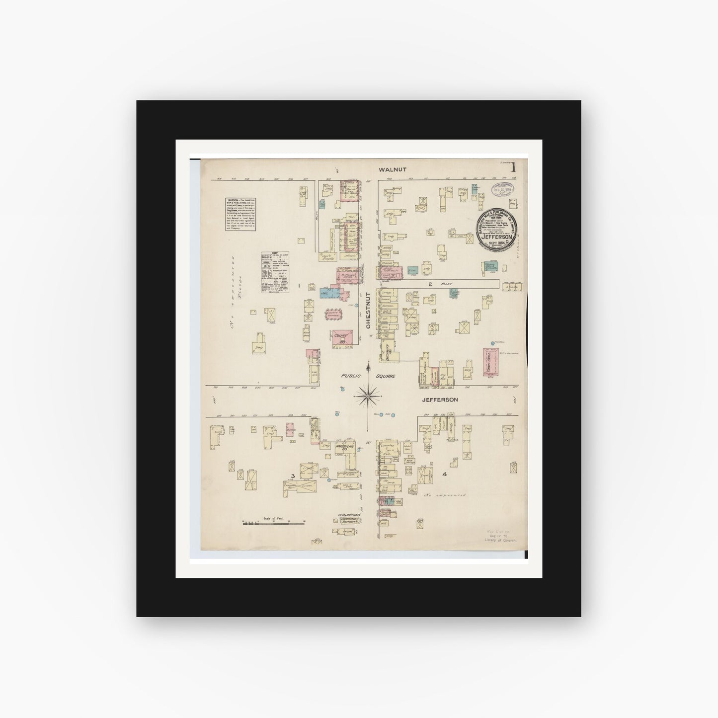 Old map wall art mockup — black gallery frame with white mat — Sanborn Fire Insurance Map from Jefferson, Ashtabula County, Ohio (1884), Sheet #0001