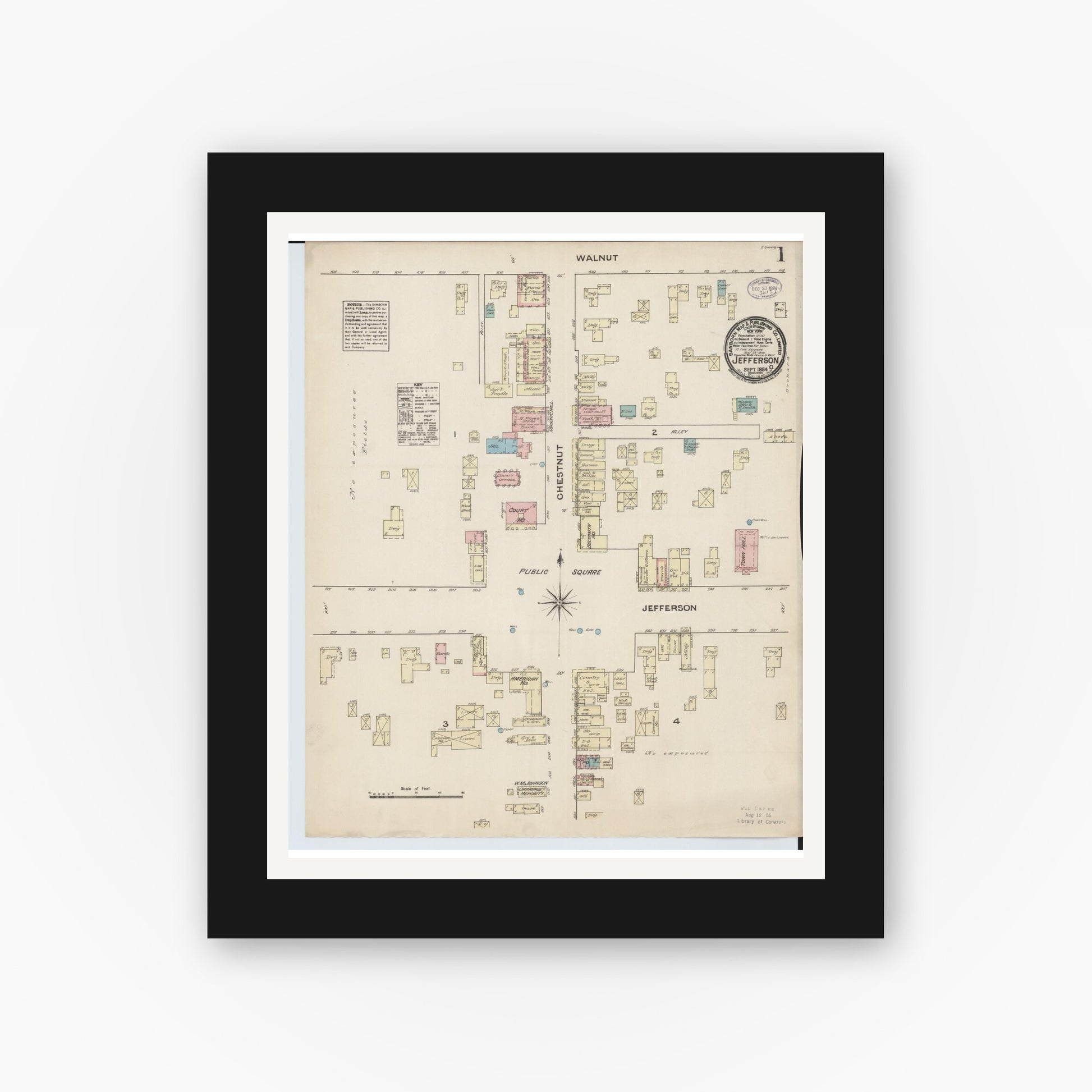 Old map wall art mockup — black gallery frame with white mat — Sanborn Fire Insurance Map from Jefferson, Ashtabula County, Ohio (1884), Sheet #0001