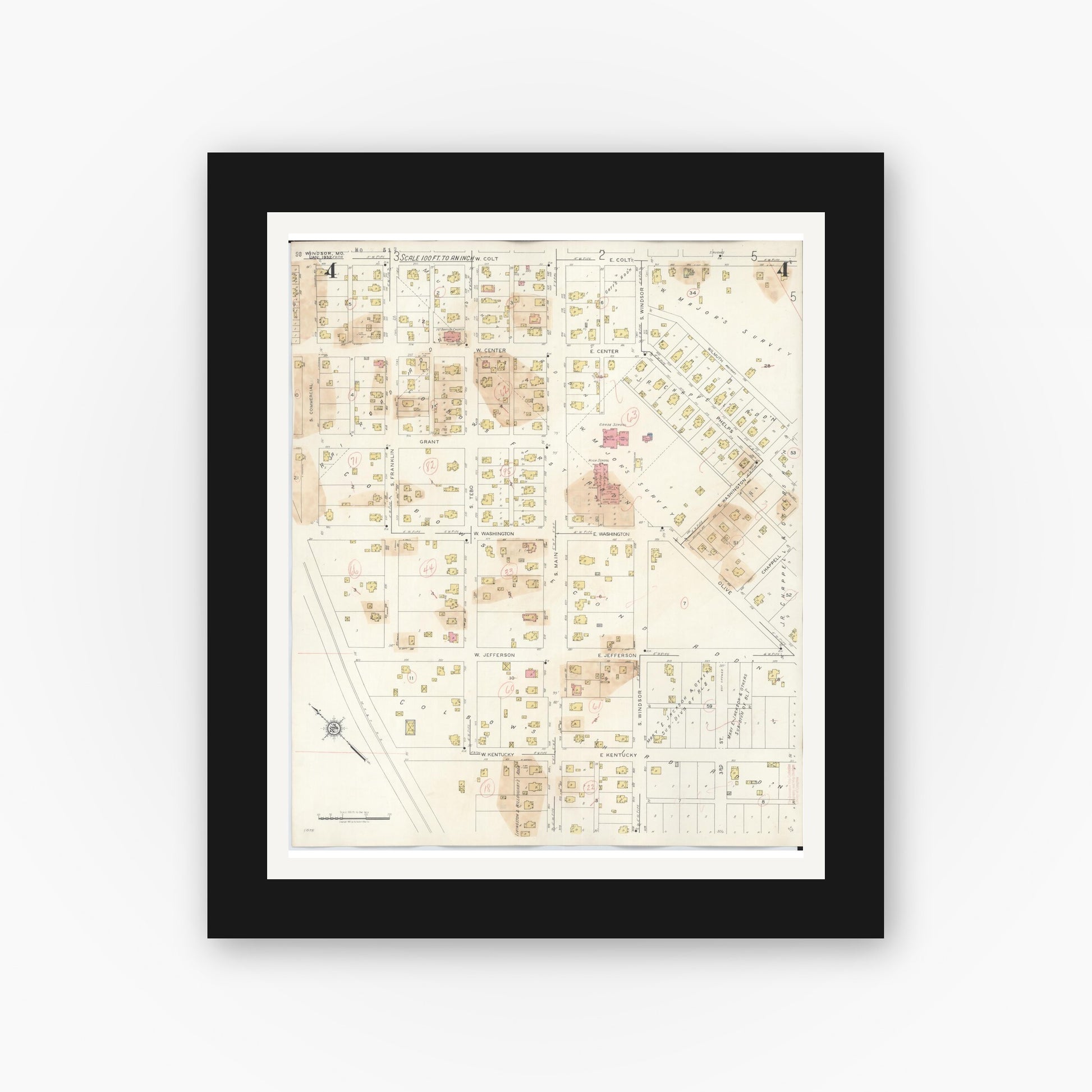 Old map wall art mockup — black gallery frame with white mat — Sanborn Fire Insurance Map from Windsor, Henry County, Missouri (1943), Sheet #0004